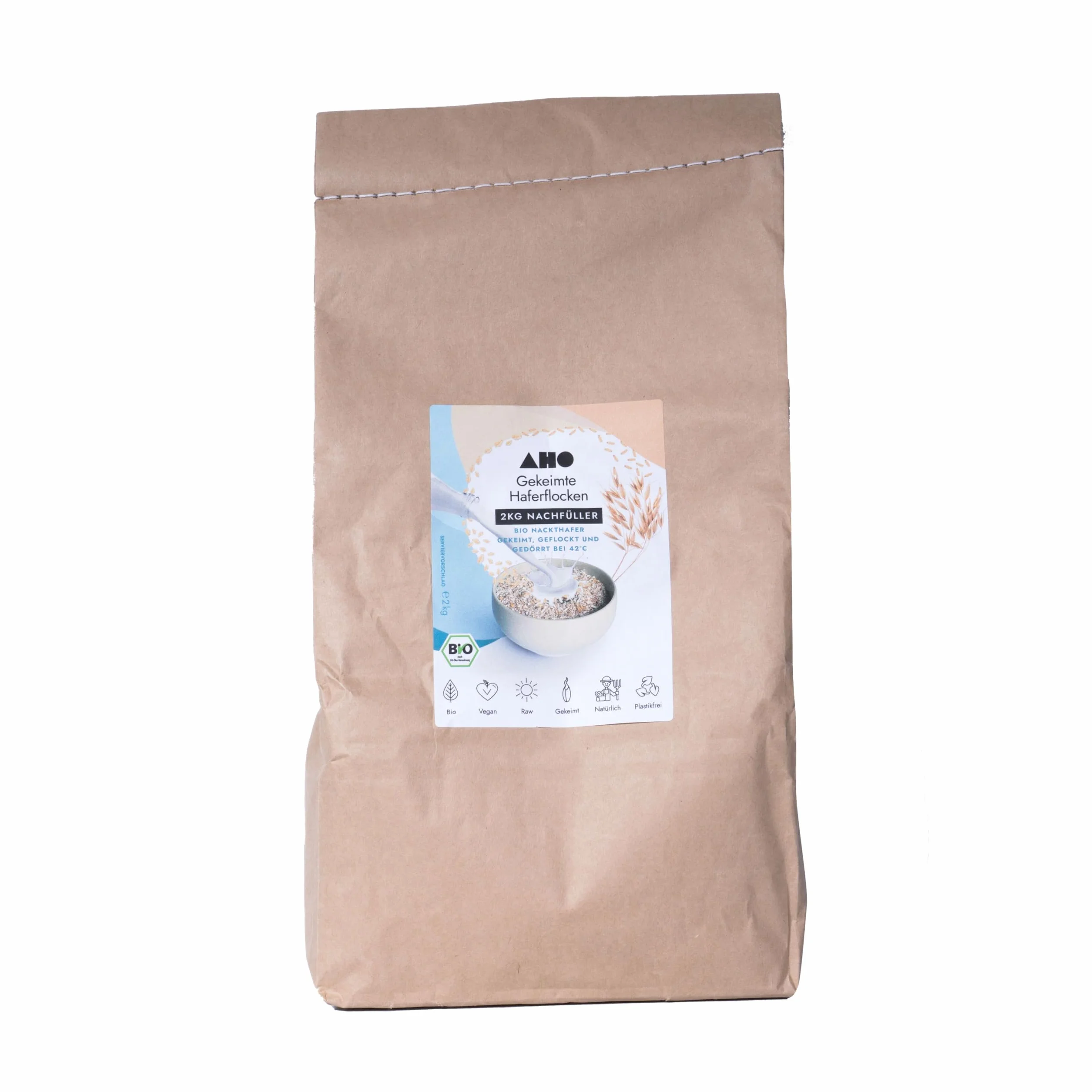 AHO Farina d'avena germogliata da 2 kg, bio dalla Germania e dall'Austria, confezione senza plastica, avena nuda biologica germinata e secca a 42 °C