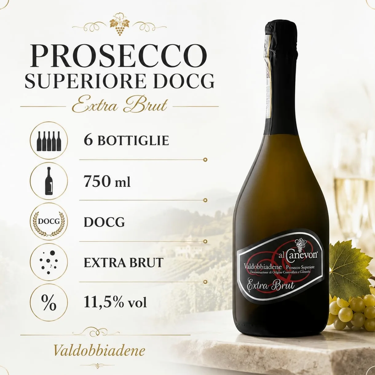 Prosecco Valdobbiadene Offerta Prosecco Superiore Extra Brut DOCG Conegliano Valdobbiadene - Si Abbina Con Dolci a Base Di Cioccolato 750ML