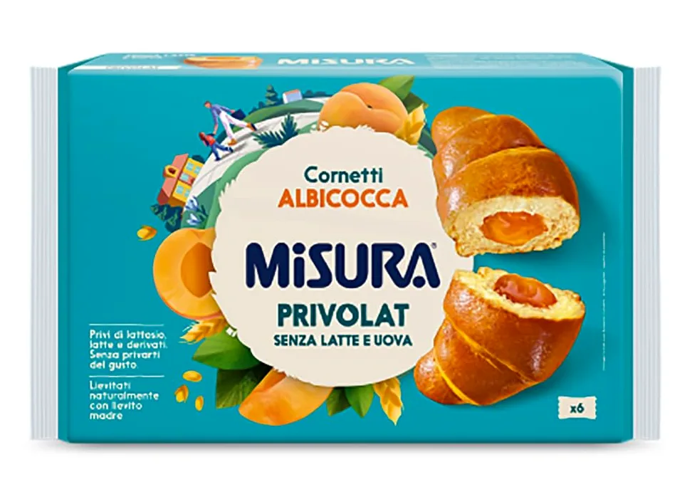 3X Misura Privolat Cornetti Albicocca Senza Latte e Uova (Lactose Free), Croissant Soffici e Farciti, 298g