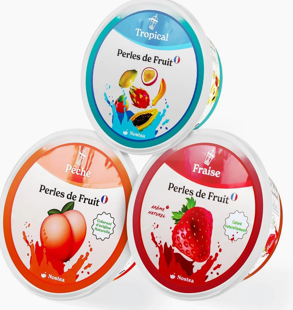 Nostea - Set di 3 vasetti, Perle per Bubble Tea Tropical, Pesca, Fragola – Popping Boba 100% Vegano, Senza Glutine - Perle al Succo di Frutta per Tè, Bevande - Produzione Francese - 3x 450 gr