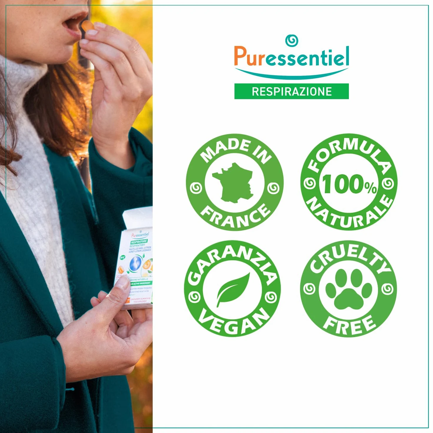 Puressentiel - Respirazione Pastiglie Gola Voce Menta Pino – All'Estratto di Erisimo – Procurano un effeto balsamico – Aiutano a liberare il naso – Dai 12 anni – 20 Pastiglie