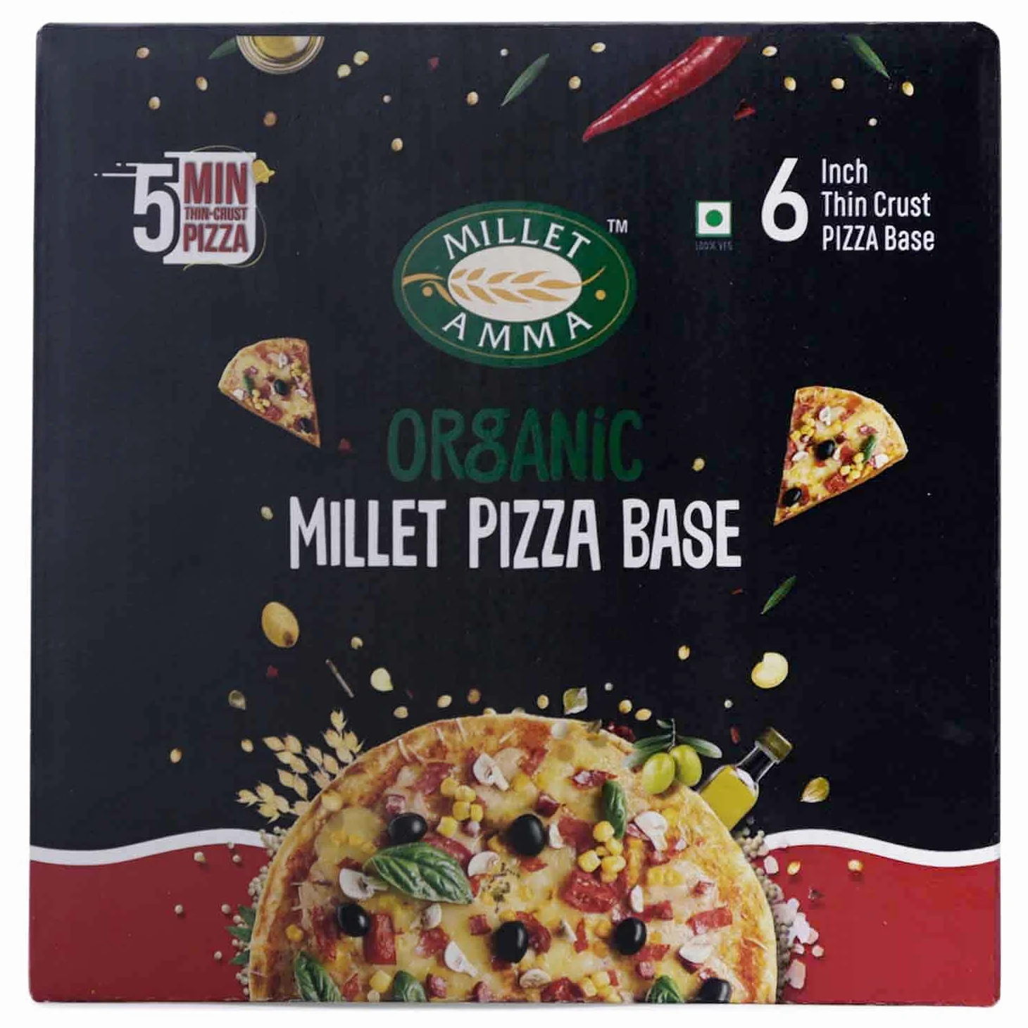MILLET AMMA Base per pizza al miglio biologica - 200 g, 70% di contenuto di miglio, crosta sottile, confezione da 6 basi per pizza in una scatola, pronta da cuocere, 100% vegana e senza glutine