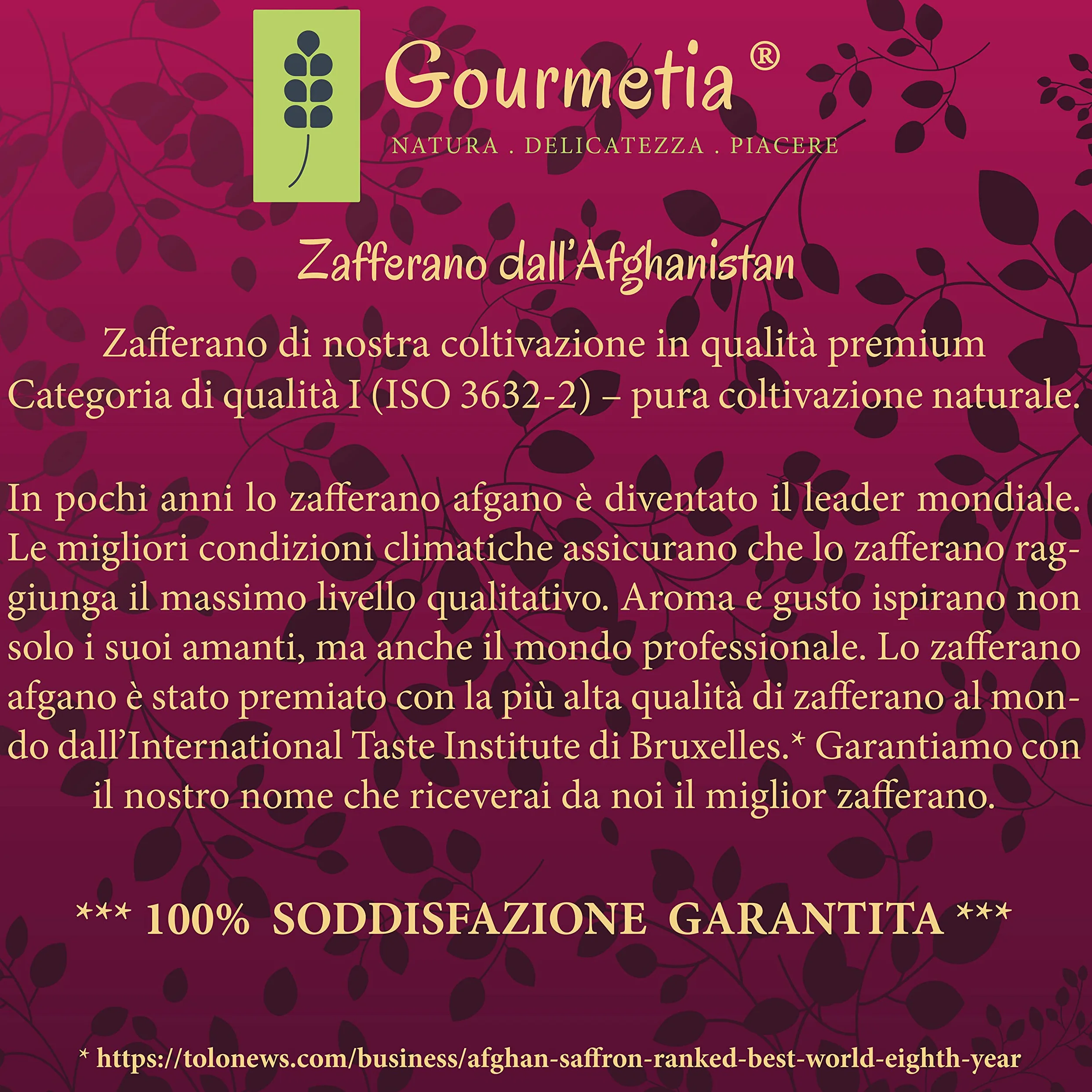 Gourmetia Zafferano in pistilli, Zafferano puro di Prima Qualità 1g - Categoria di Qualità I Superiore