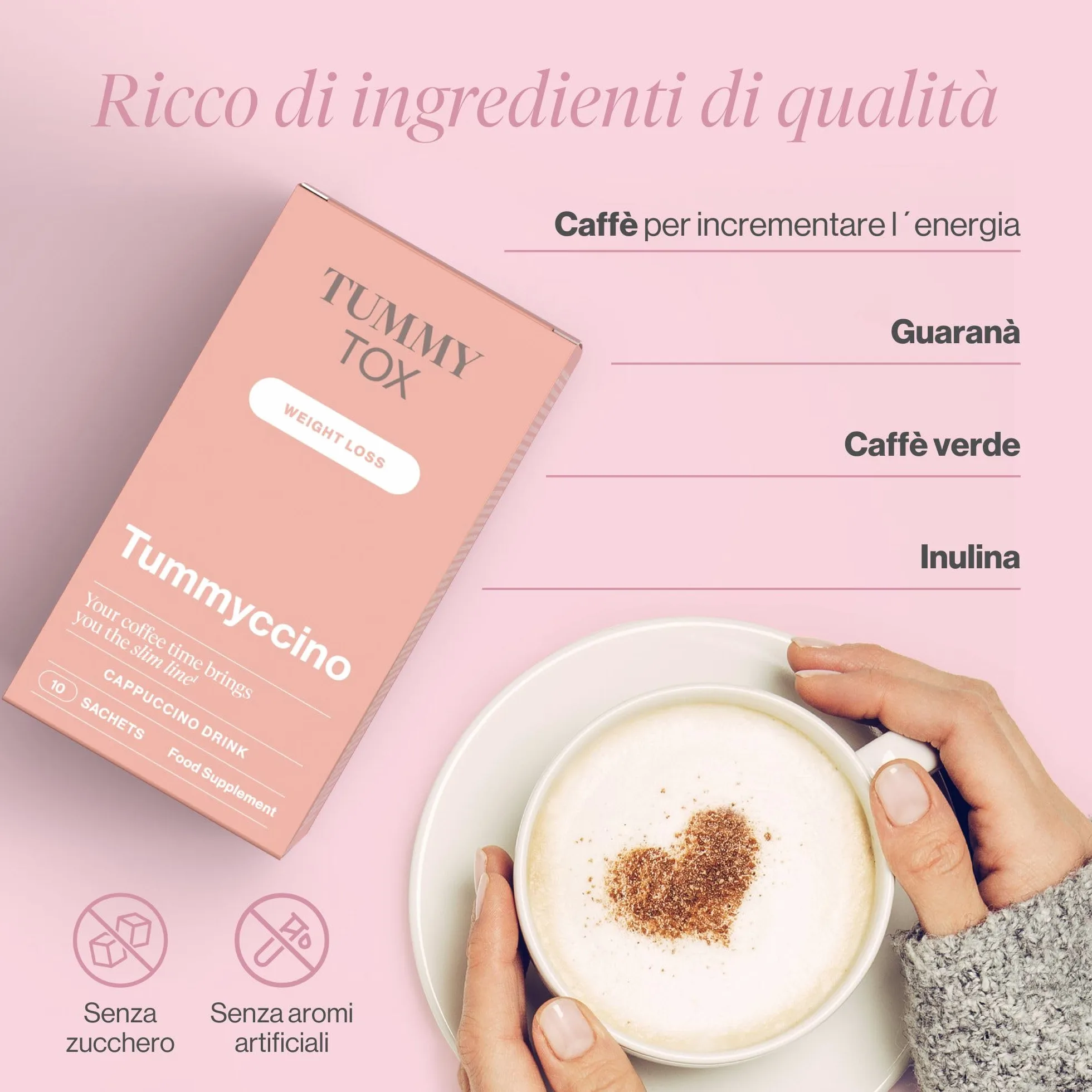 Bevanda al Caffe con Caffeina, Guarana, Inulina e Cicoria Solubile con Estratto di Caffè Verde - Arôme Cappuccino, 30 Bustine, Tummy Tox Tummyccino