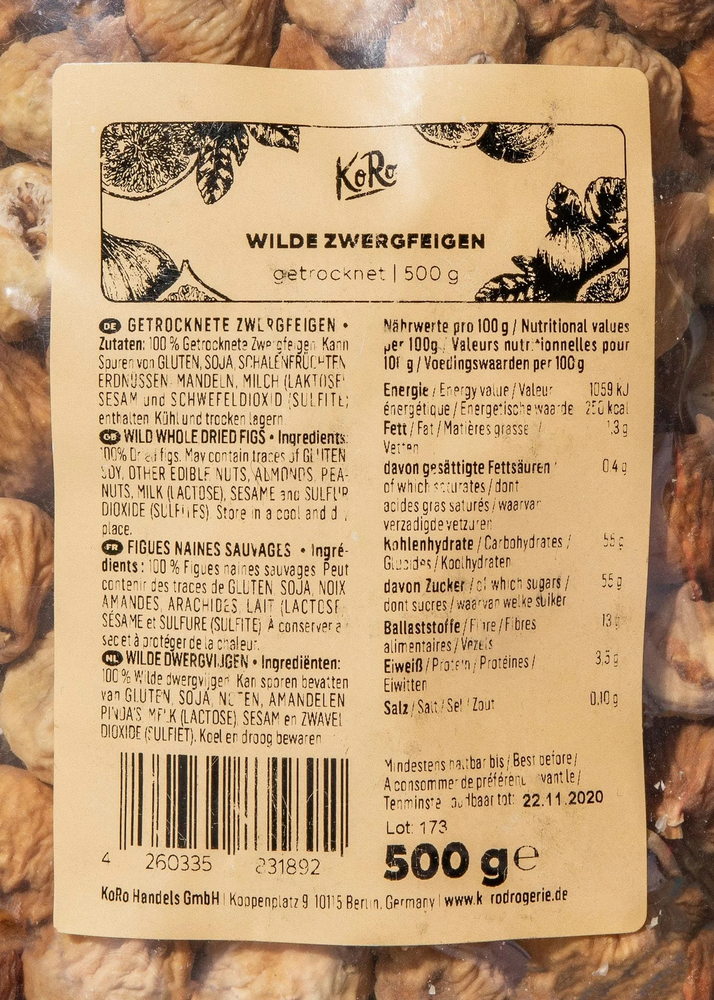 KoRo - Fichi nani selvatici 500 g - 100% frutta essiccata - Senza additivi - Senza solfiti - Nei dolci o come snack
