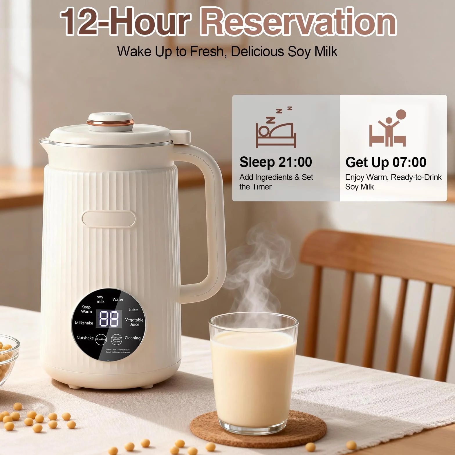 Macchina per latte di soia automatica 8 in 1, 1200 ml, macchina per il latte a base vegetale con avvio ritardato, mantiene caldo e autopulente per latte d'avena, latte di mandorle, zuppe, porridge e