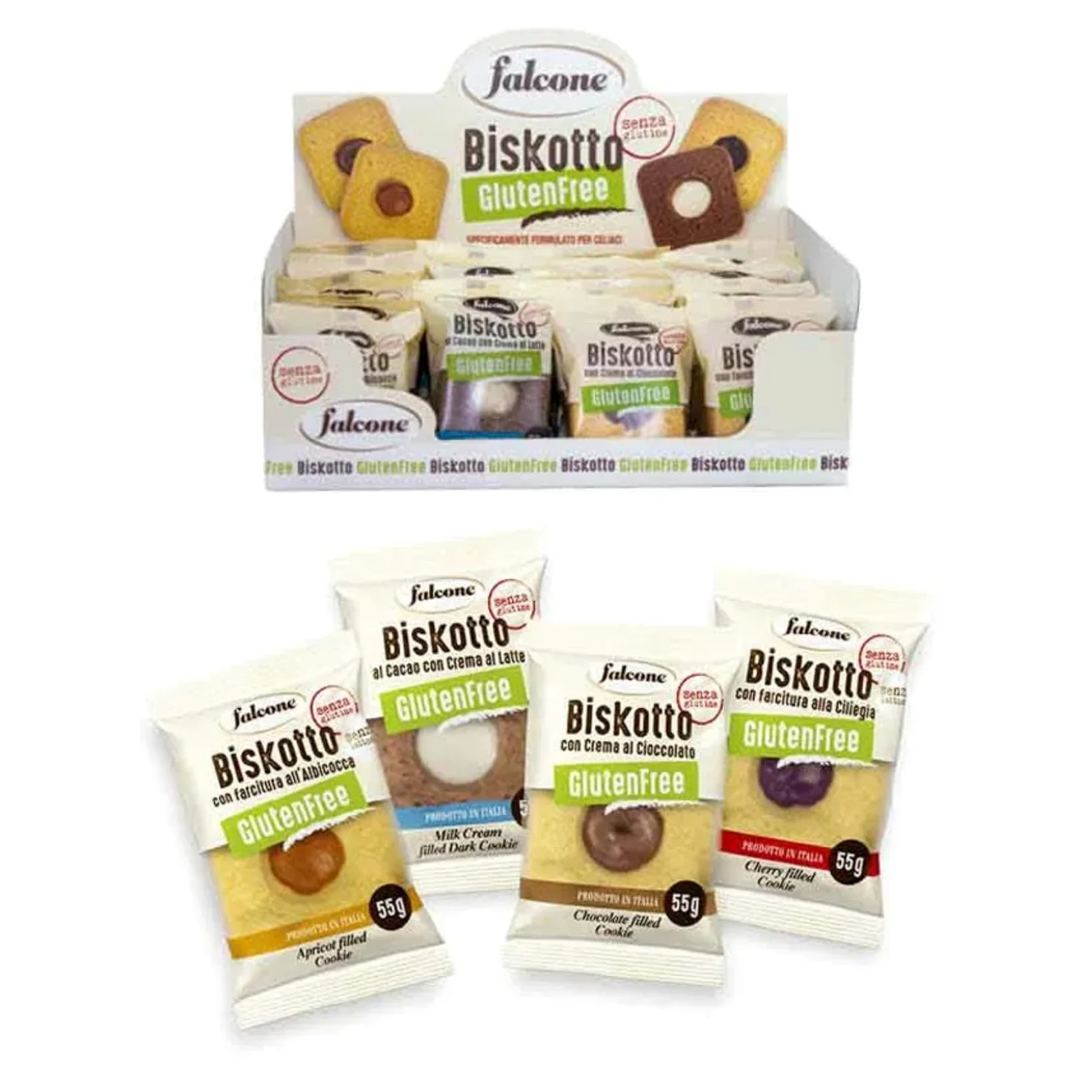 Falcone® | Biskotto® | Cofanetto di Biscotti Senza Glutine Assortiti | 24 Biscotti Gusti Cacao, Crema Latte, Ciliegia, Albicocca Senza Glutine - 1320 Gr