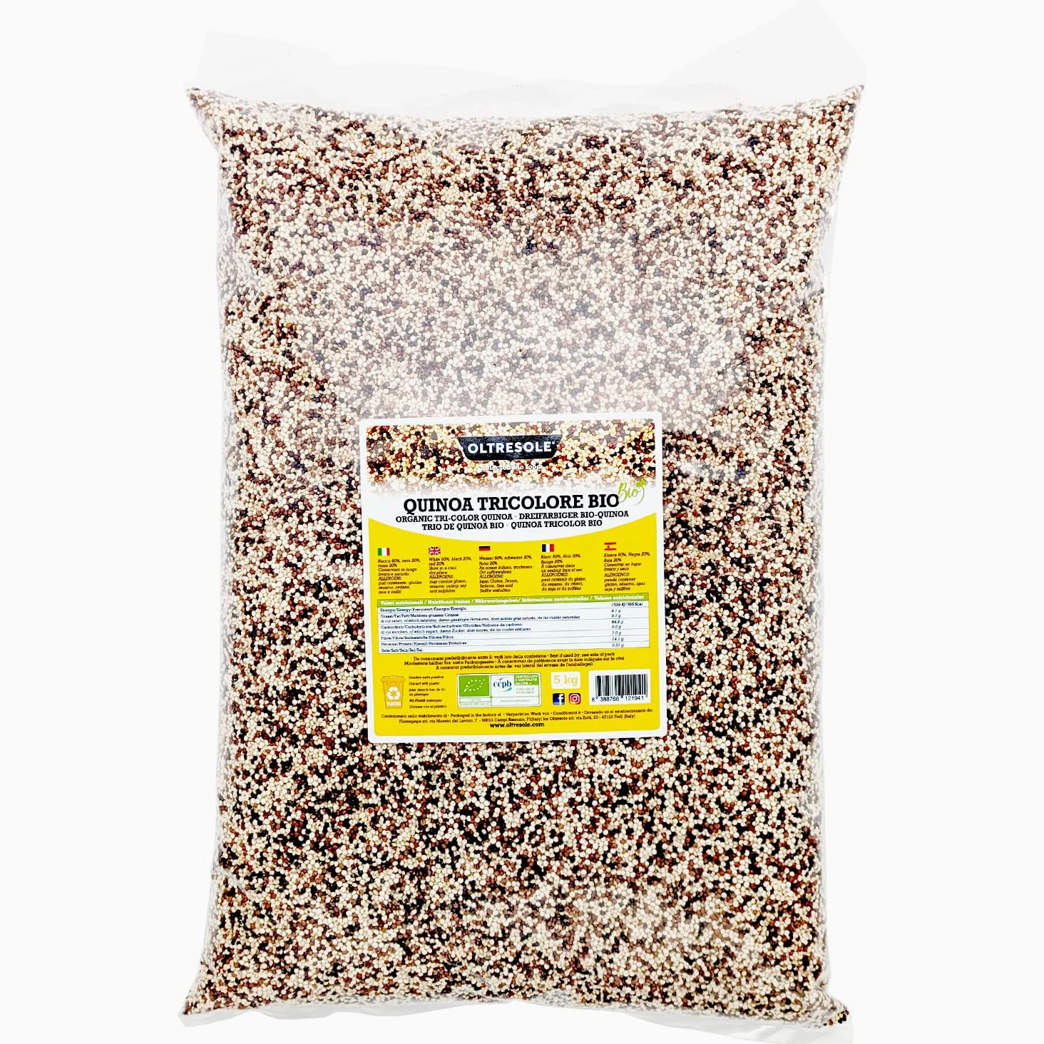 Oltresole, Quinoa Tricolore Biologica 5 kg, Mix di Quinoa Rossa, Bianca e Nera Bio, Superfood, Ricco di Proteine e Fibre, Ideale per Insalate, Zuppe e Piatti Vegani, Formato Convenienza