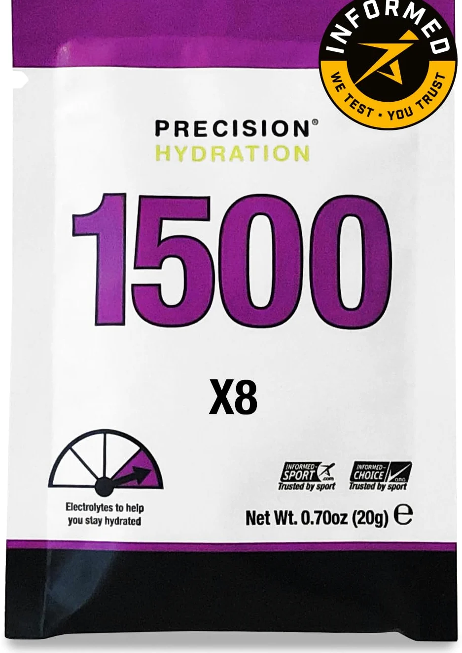 Precision Hydration Miscela Elettrolitica - Senza ingredienti artificiali, Polveri elettrolitiche a diversa concentrazione - Porzioni individuali impermeabili (Pack of 80, 1500mg/L - Viola)