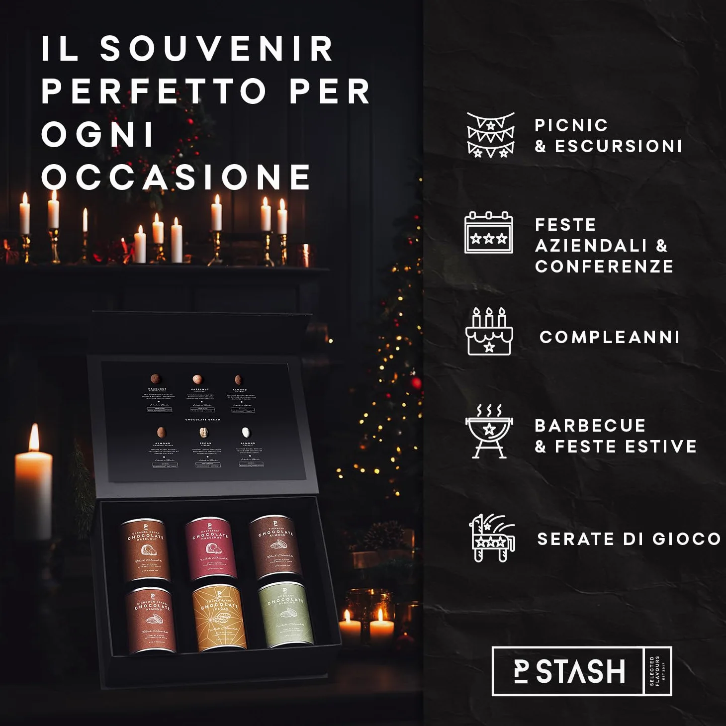 P-Stash Black Box Mix di Noci Chocolate Dream – Confezione da 6 – Pecan, Nocciole & Mandorle – Noci al cioccolato con spezie uniche, tostate a mano a Berlino