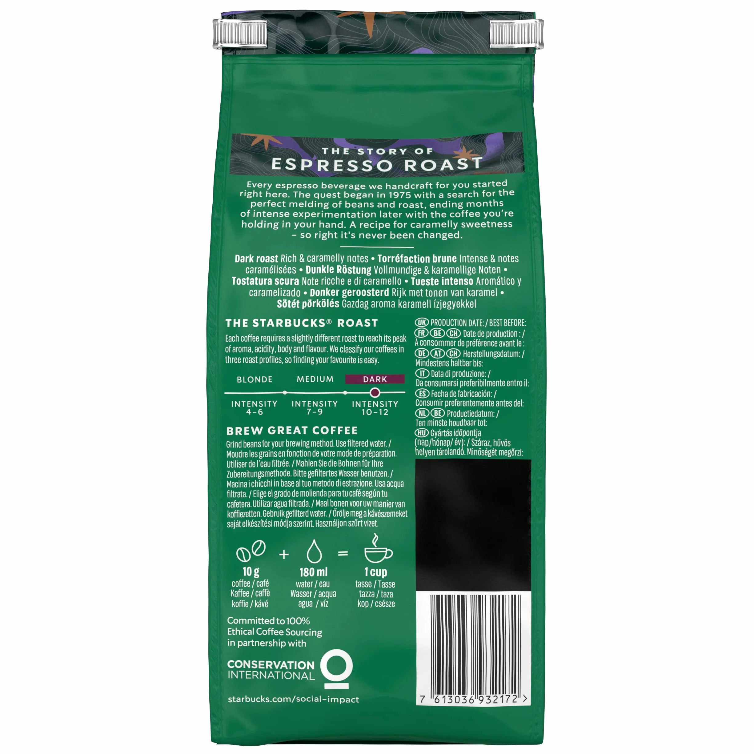 STARBUCKS Espresso Roast Caffè in grani Tostatura Forte, 6 Sacchetti da 200g (1,2kg)