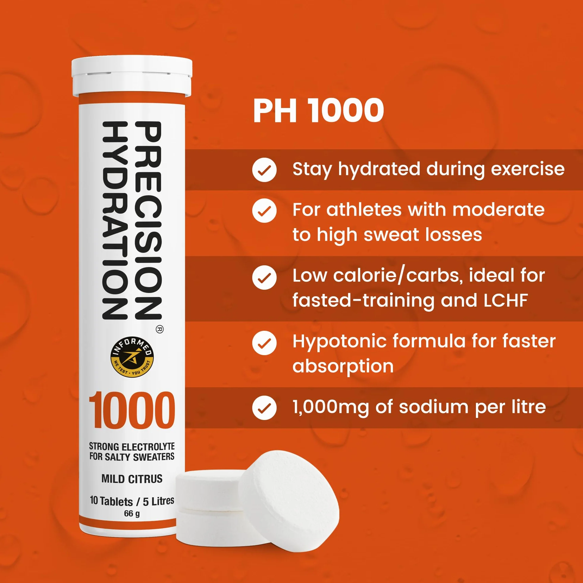 Precision Hydration Compresse Effervescenti - Elettroliti per Crampi - Basso Calorico, Senza Glutine, Vegano (12 Tube, 1000mg/L - Tubo Arancione)