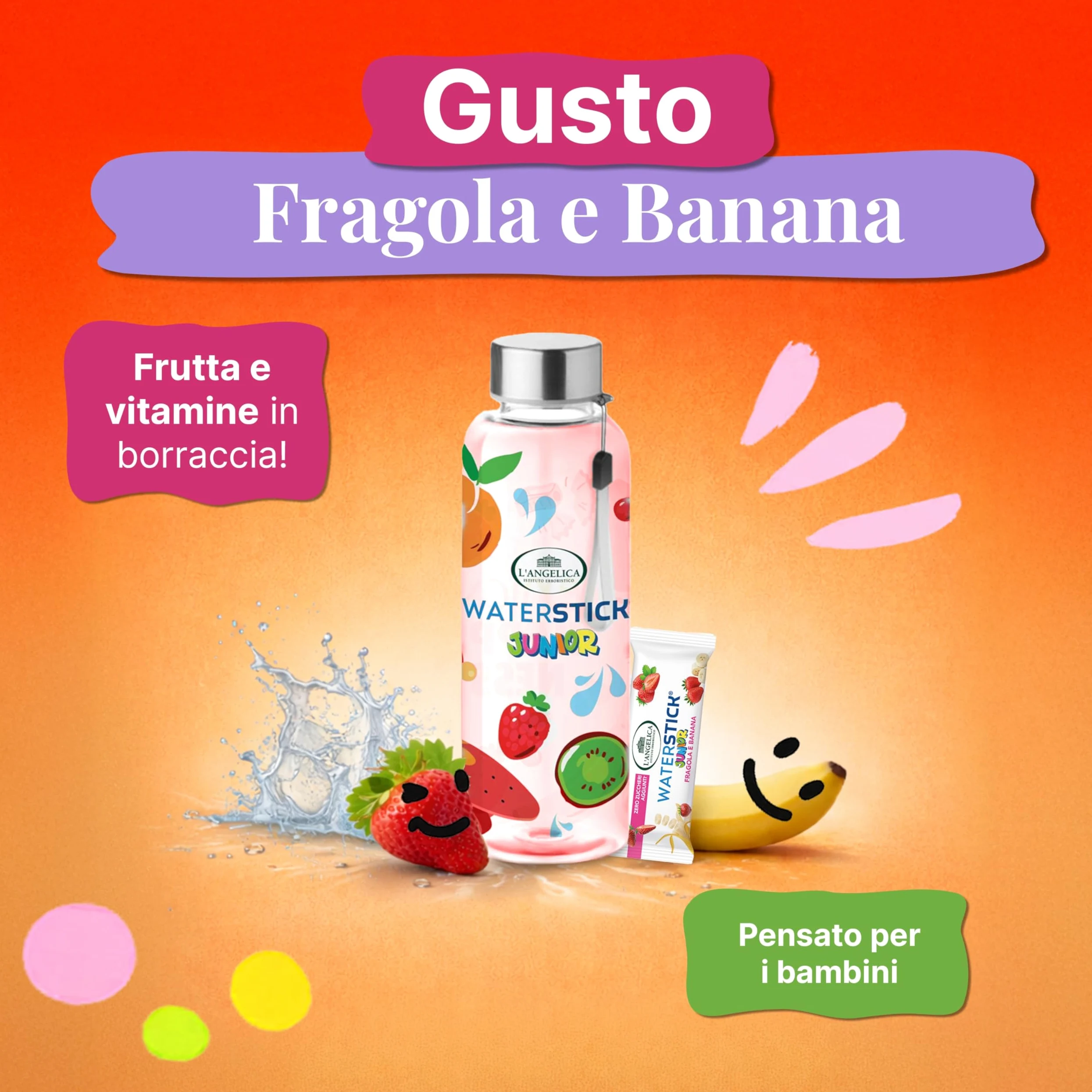 L'Angelica, Waterstick Junior, Gusto Fragola e Banana, Con Frutta, Vitamine, Zero Zuccheri Aggiunti, 6 Astucci da 12 Stick