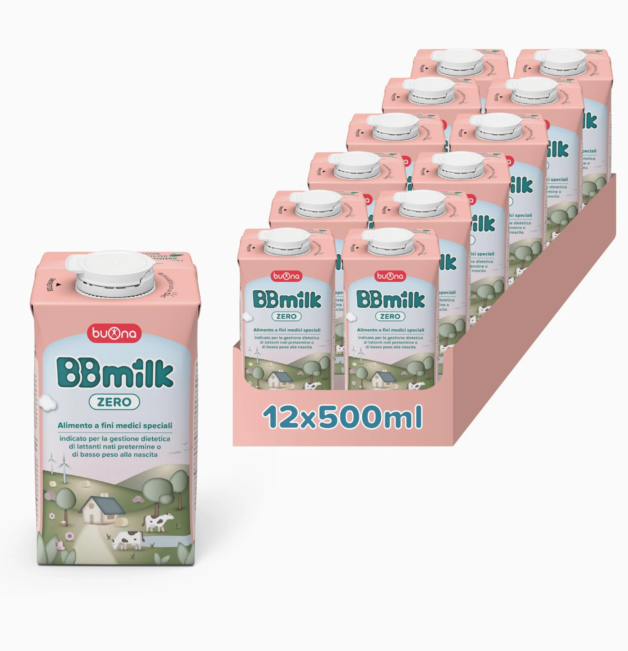 Buona BB Milk Zero per Neonati Prematuri e/o di Basso Peso 500ml Pack da 12, Liquido Pronto all'Uso, Alimento a Fini Medici Speciali, con Proteine del Siero di Latte, Alfa-Lattalbumina e Lattoferrina