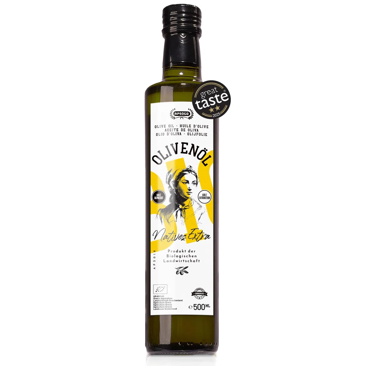 Apsogo Olio Extra Vergine di Oliva Biologico – EVOO Greco ad Alto Contenuto di Polifenoli da Creta (500ml) – Spremuto a Freddo, Raccolta Precoce, Qualità Premium