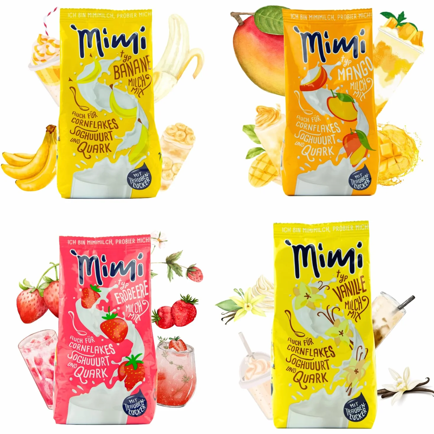 Mimi, confezione da 8 pezzi, mix di latte e bevande in polvere (2 confezioni da 400 g), banana, fragola, mango, vaniglia, confezione conveniente, ideale per il tempo libero, la scuola o per andare in
