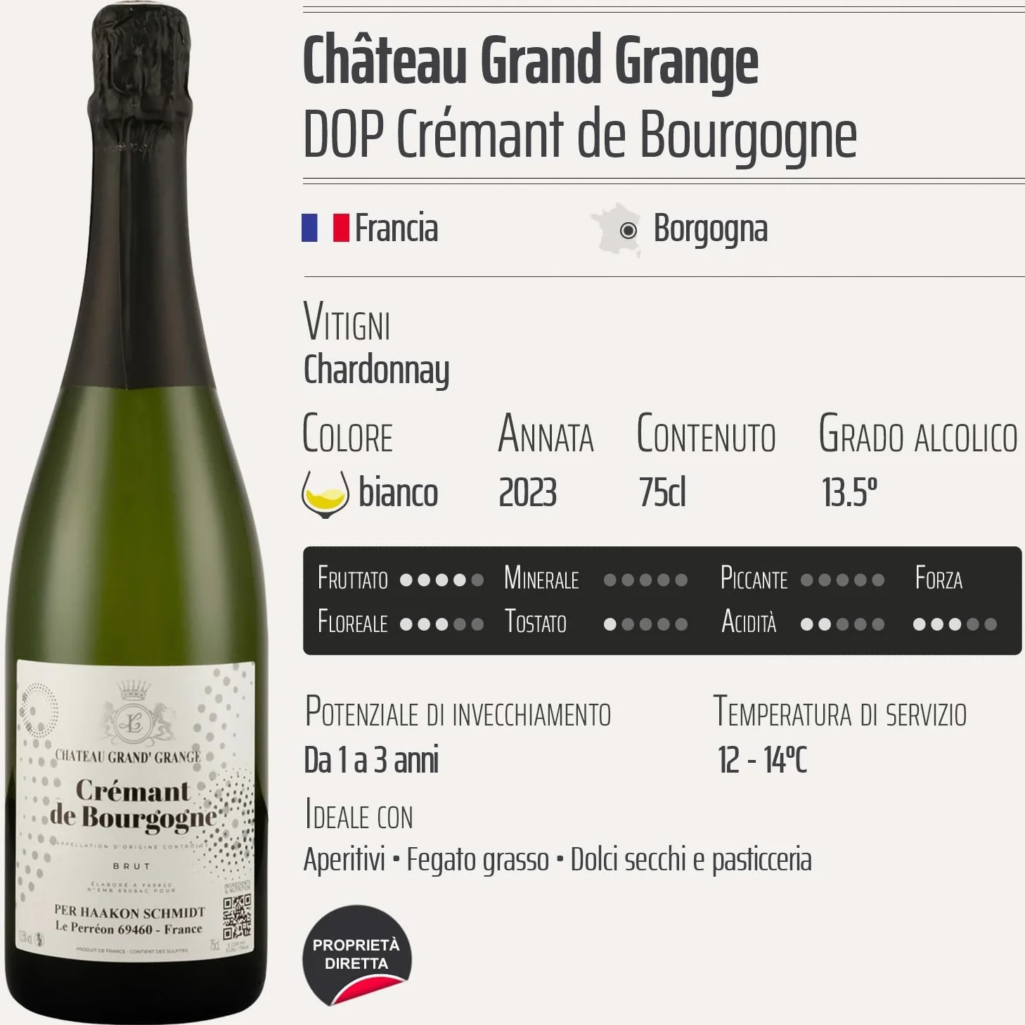 Crémant de Bourgogne Chardonnay bianco 2023 - Château Grand Grange - DOP - Borgogna - Francia - Vitigni Chardonnay - 6x75cl