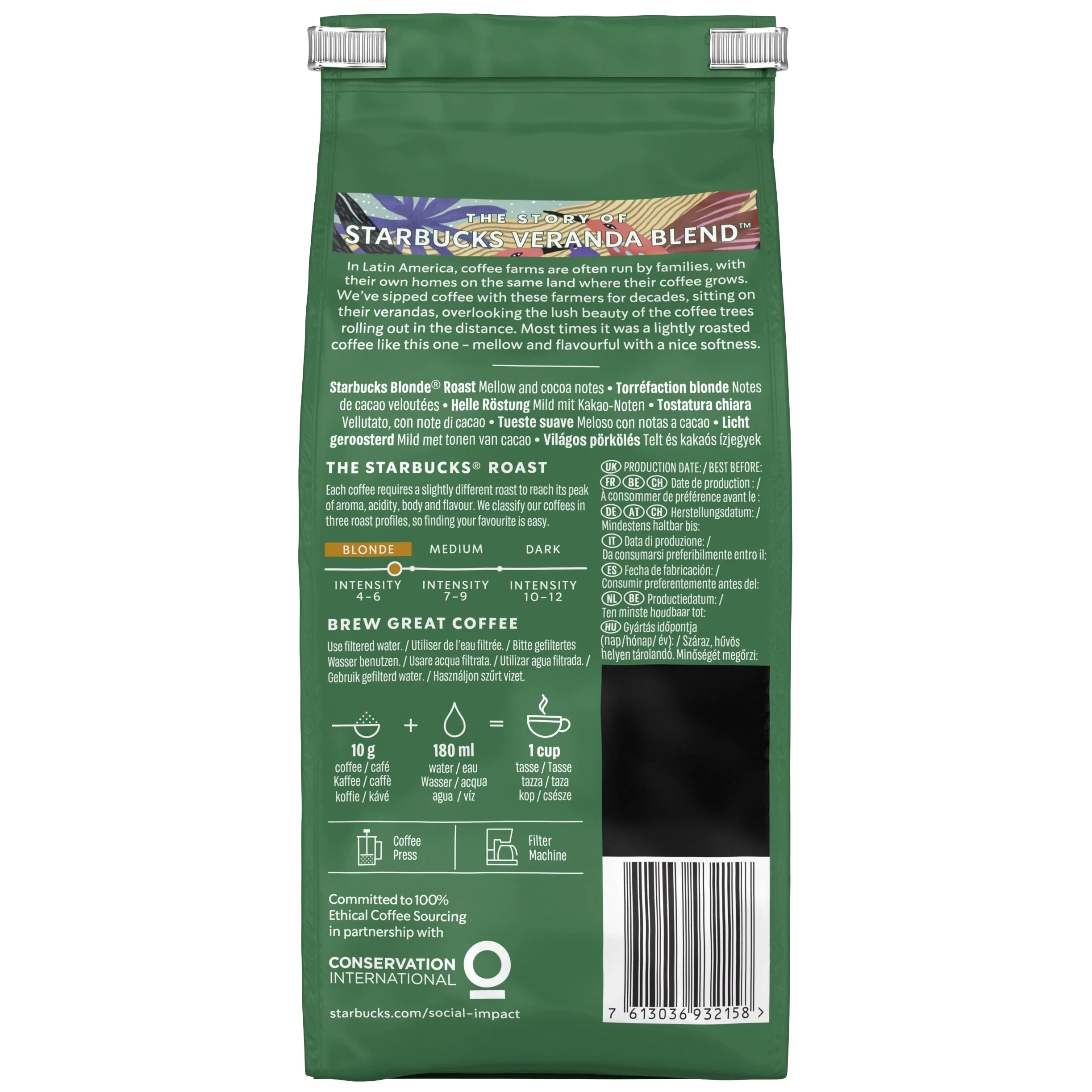 STARBUCKS Veranda Blend Caffè Macinato Tostatura Leggera, 6 Sacchetti da 200g (1,2kg)