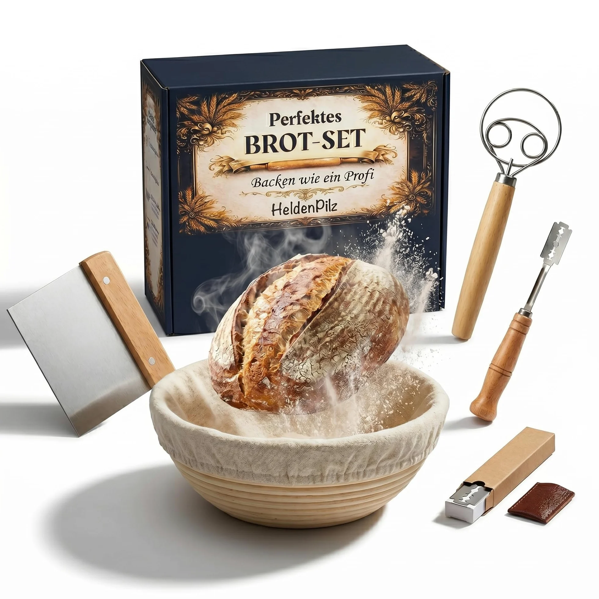 Set per la cottura del pane – pane croccante fai da te con cestino per lievitazione, carta per pasta, frusta per pasticceria, coltello da panetteria + ricetta e istruzioni per il pane a lievito (set