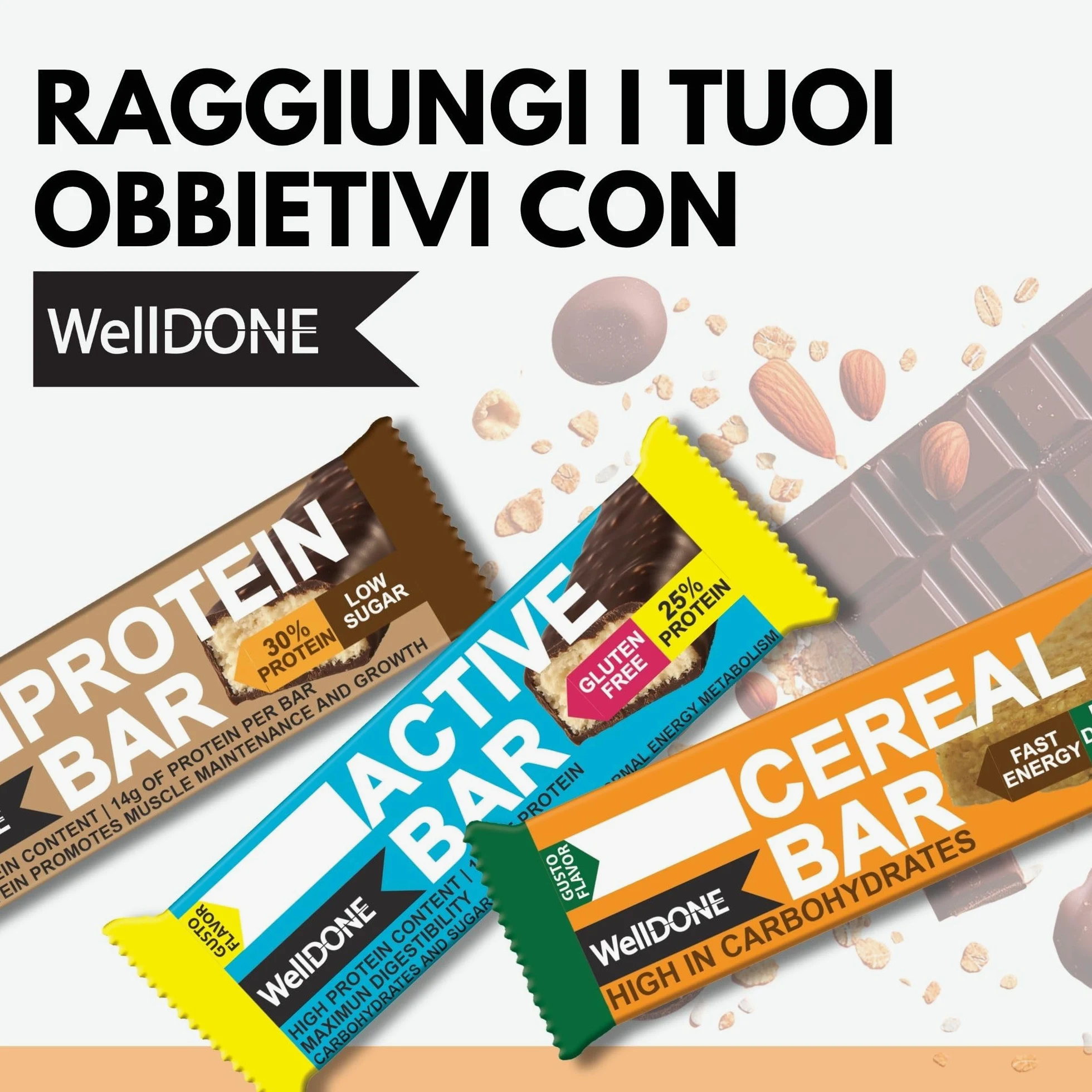 WellDONE, Cereal Crunch Bar Gusto Miele, Barrette Energetiche Made in Italy, Alto Contenuto di Carboidrati, Snack Goloso Anche per Intolleranti al Lattosio, 30 Barrette da 40g