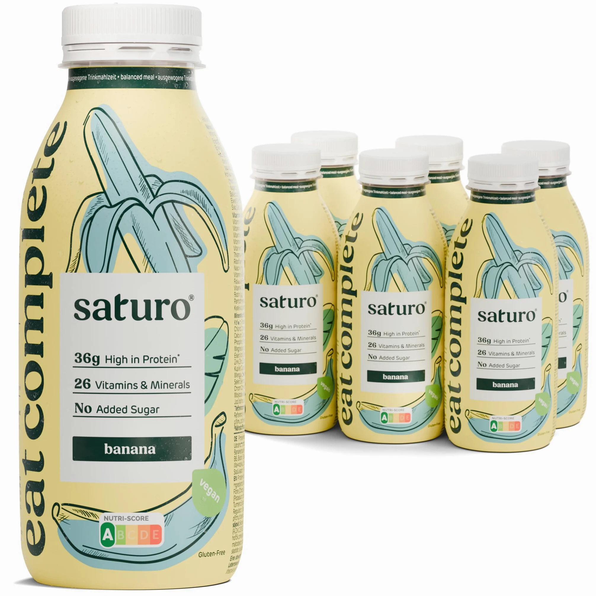 Saturo Pasto Sostitutivo Frullato Gusto Banana | 36 g di proteine & senza zucchero | 400 kcal | Vegano | Pasto Bevibile con Nutrienti Essenziali | 6 x 400 ml