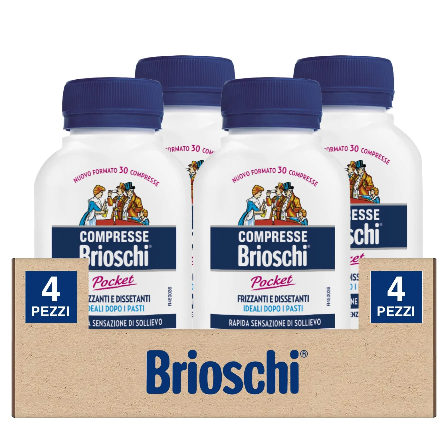 4x Brioschi Pocket Compresse Masticabili Digestivo Frizzante e Dissetante al Gusto Limone - 4 Barattoli da 30 Compresse Masticabili