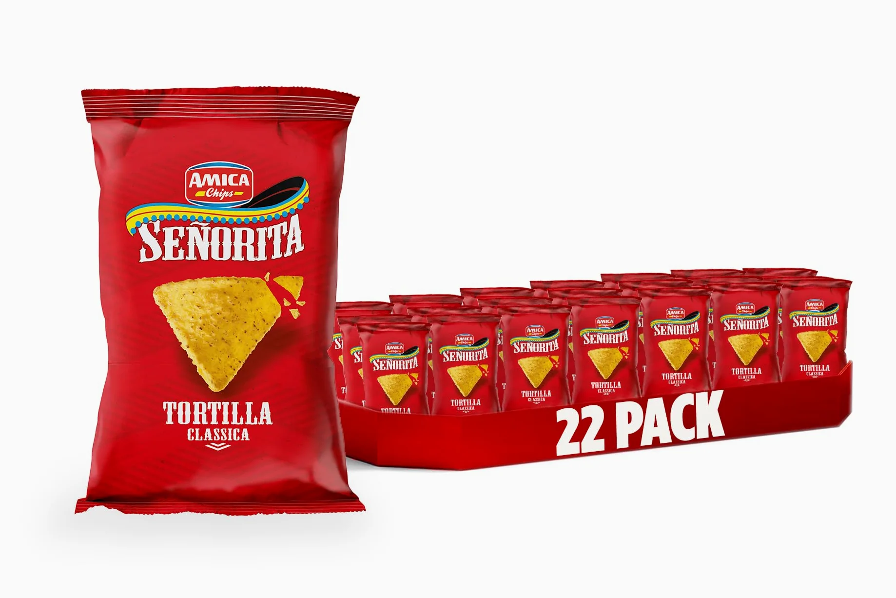 AMICA Chips | Senorita Tortilla Classica, Ricetta Originale con Farina di Mais Masa, Patatine Messicane Cotte a Fiamma Viva, 22 Pezzi x 200 gr-l'imballaggio dell'articolo può variare
