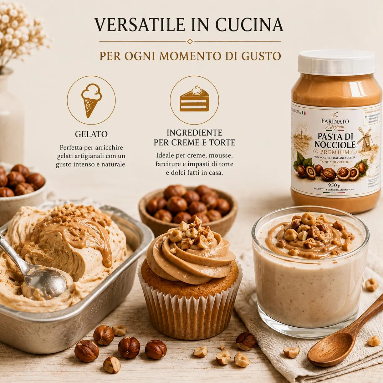 Pasta di Nocciole Premium 950g – 98% Nocciole Italiane Tostate Tonda di Giffoni – Pasta Pura per Gelato, Creme, Mousse e Pasticceria – Senza Olio di Palma – Farinato Selezione
