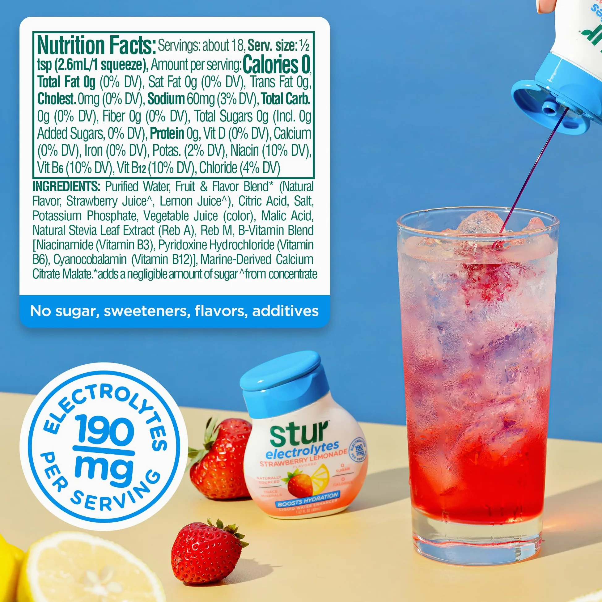 Stur Elettrolita Water Enhancer | Dolcificato con Stevia | Alto contenuto di vitamina C e antiossidanti | Senza zucchero | Zero calorie | Keto | Vegano | 5 bottiglie, per 90 bevande (limonata alla