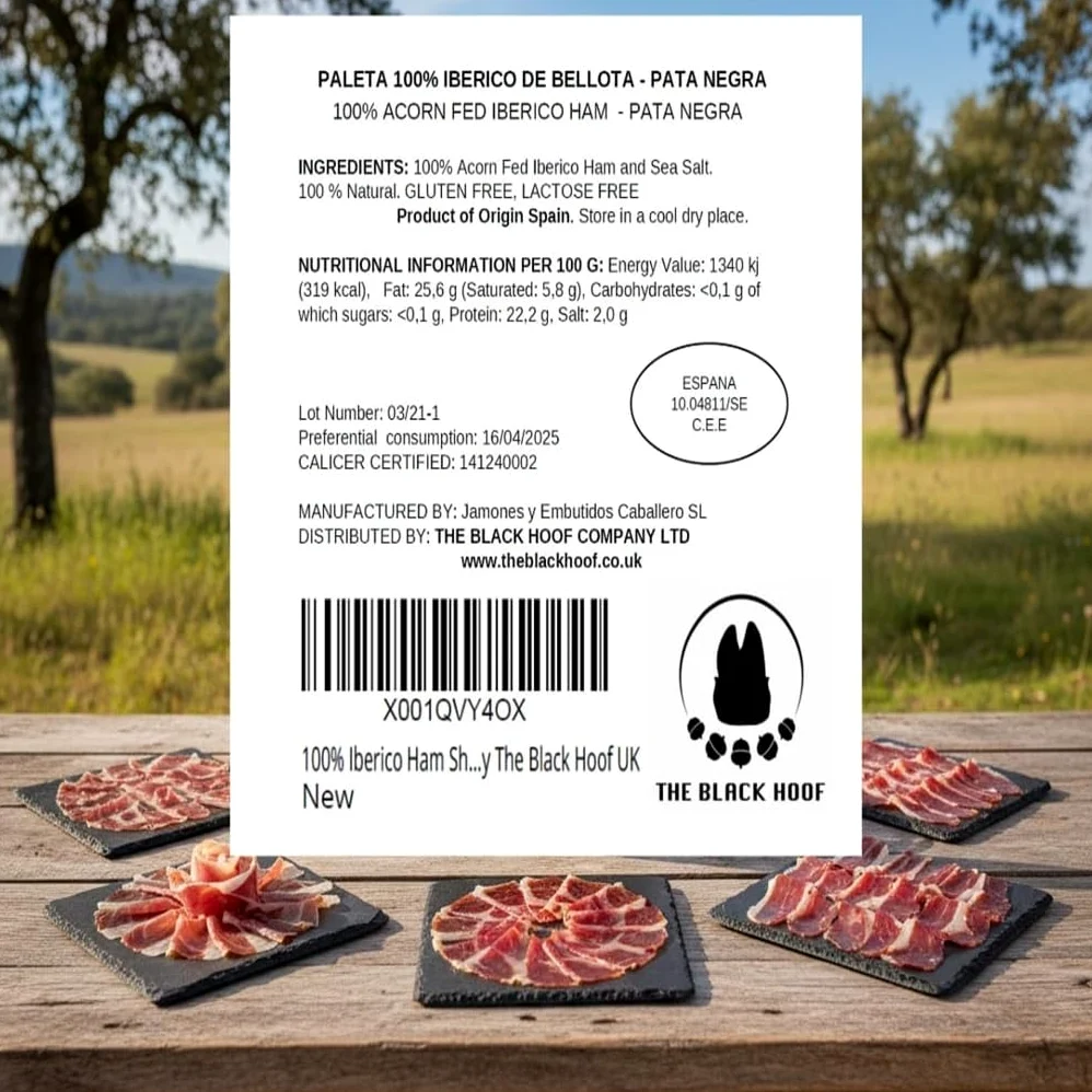Spalla di Prosciutto 100% Iberico Bellota Pata Negra (Paleta 100% Iberica de Bellota) 5–6 kg | Stagionato 24+ mesi | Senza additivi | Certificato CERTICALIDAD | Prodotto in Spagna da The Black Hoof