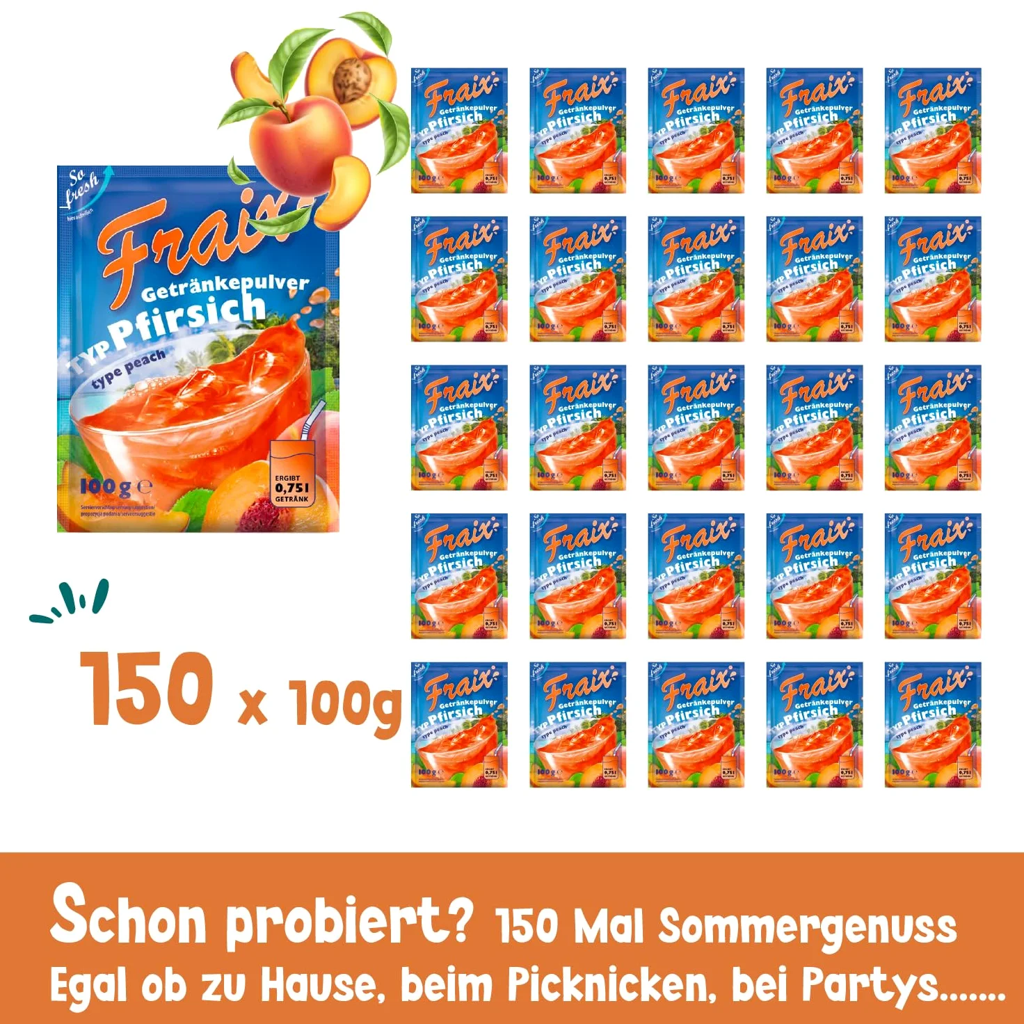 FRAIX Polvere per bevande, pesca, confezione da 150 pezzi (150 x 100 g), polvere istantanea di frutta con sapore di pesca, perfetta per viaggi, feste di compleanno