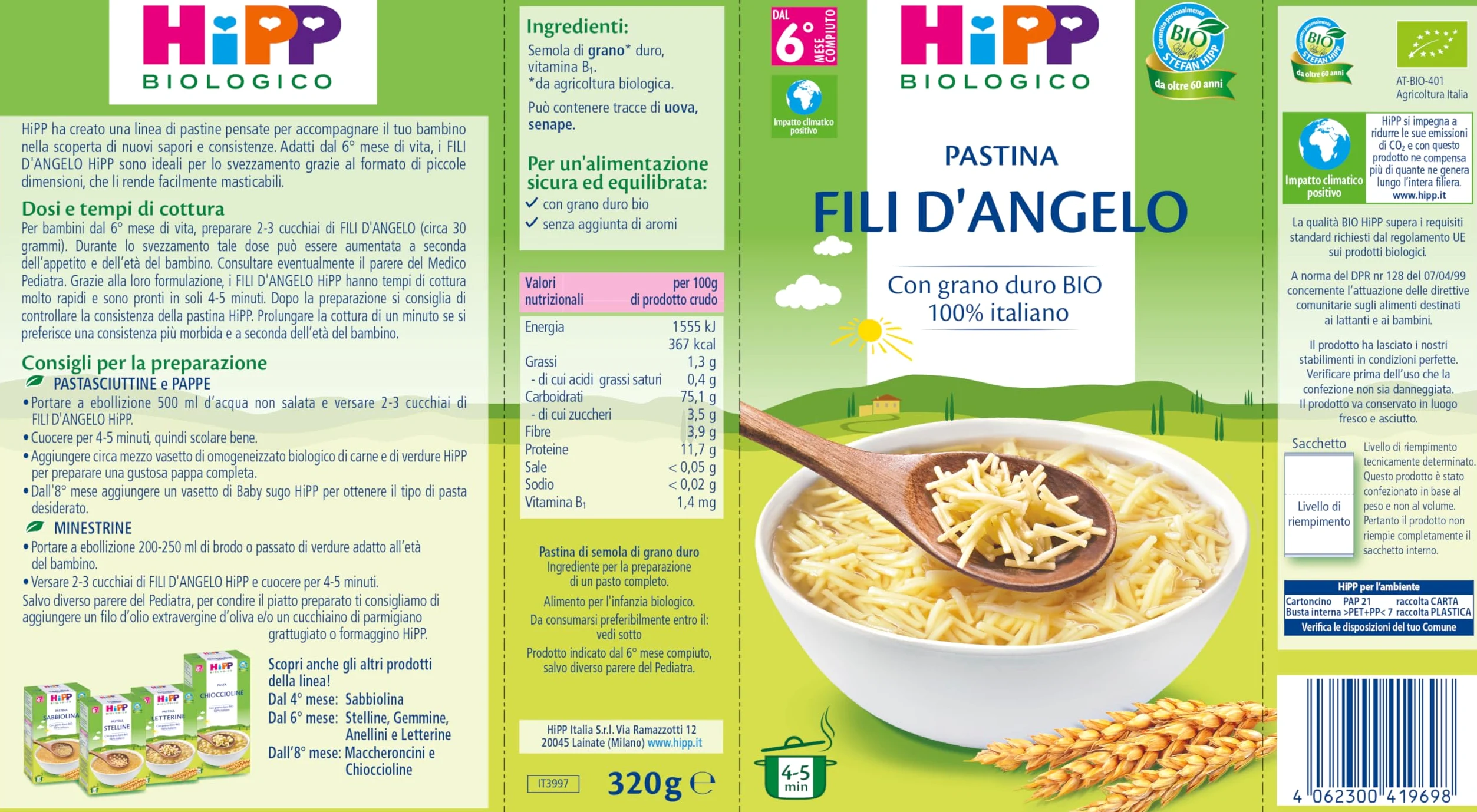 HiPP - Pastina per Svezzamento a Forma di Fili d'Angelo, con Grano Duro Biologico 100% Italiano, 12 Confezioni 320 gr