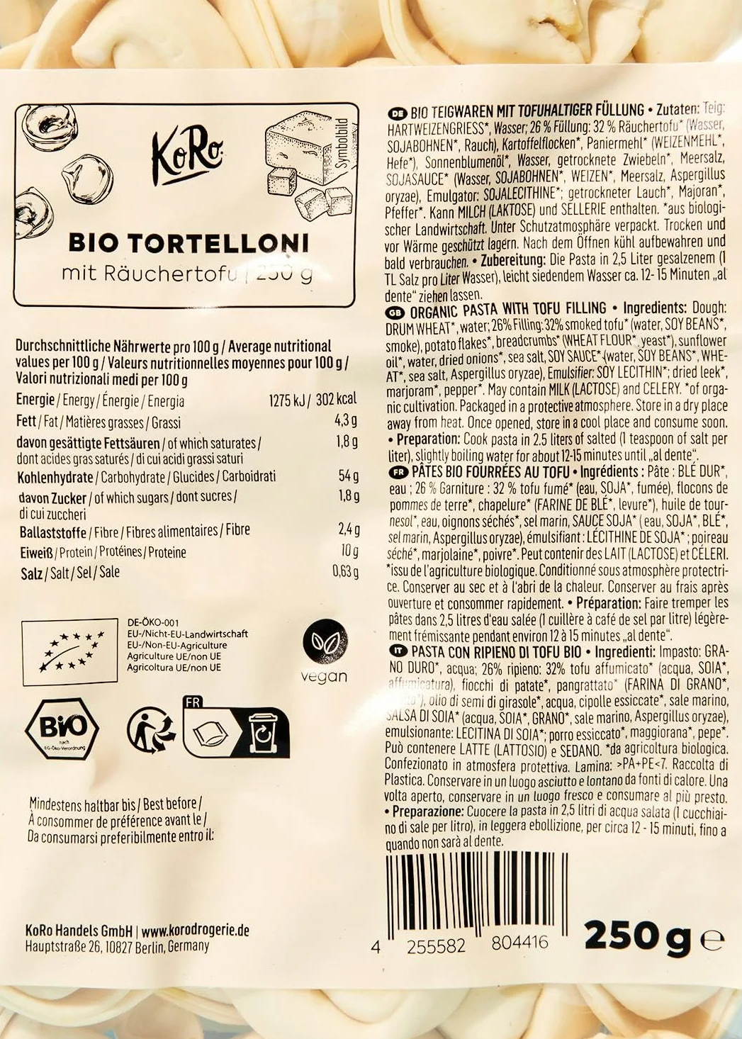 KoRo - Tortelloni con ripieno di tofu affumicato bio 250 g - Facili e veloci da preparare - Vegani - Qualità biologica - Si conservano senza refrigerazione