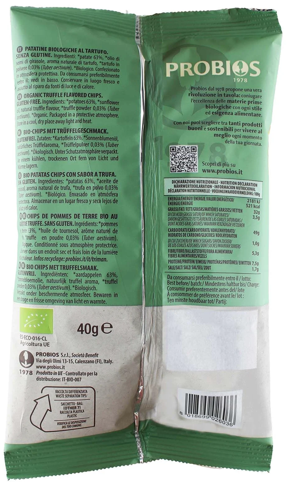 Probios Patatine al tartufo biologiche - Snack senza glutine e artigianali - Infuso di tartufo premium - Ideale per antipasti e ricevimenti - Confezione da 25 x 40 g