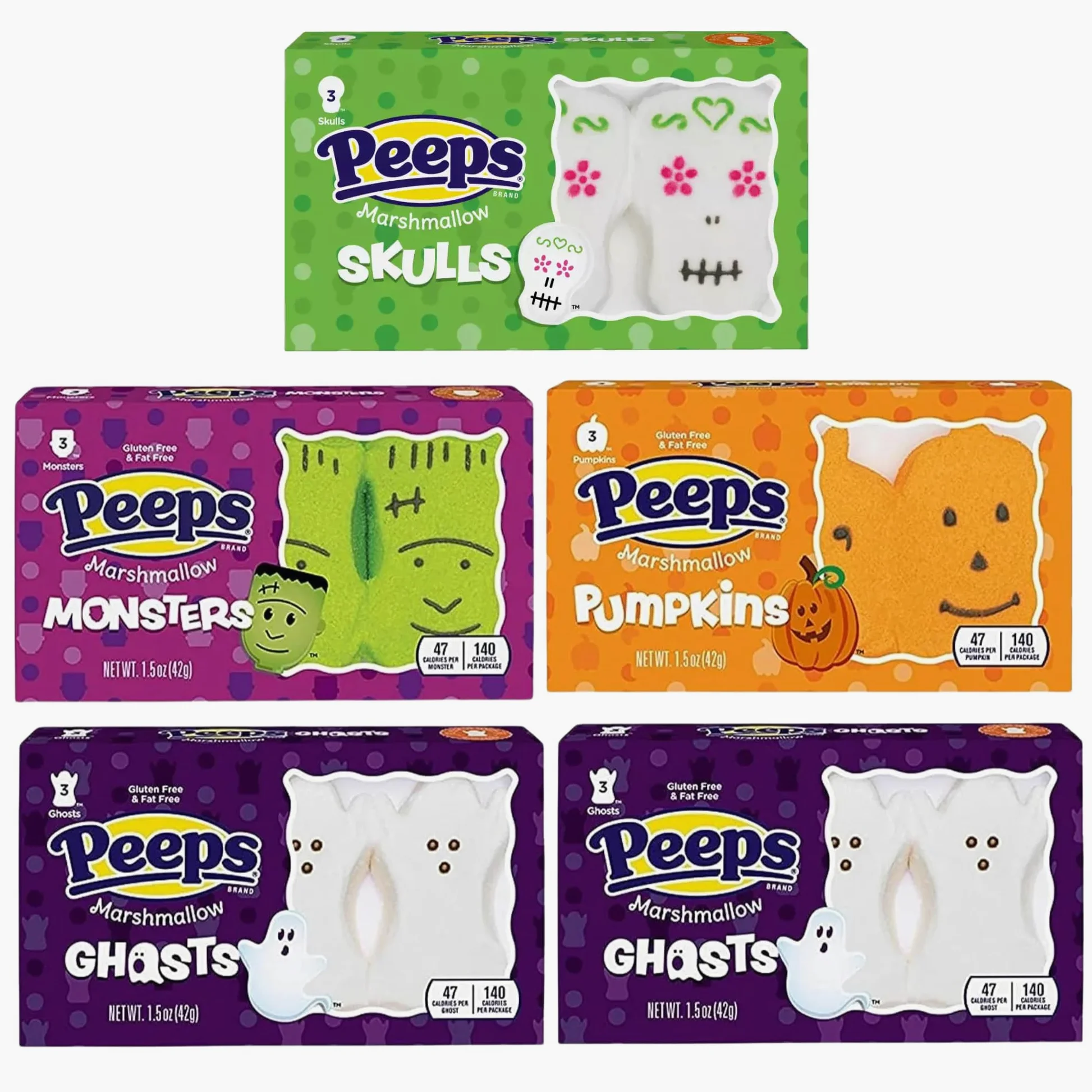 Peeps Halloween Marshmallow Candy, confezione da 3 teschi di zucchero, mostri, zucche, fantasmi e gatti, confezione da 5