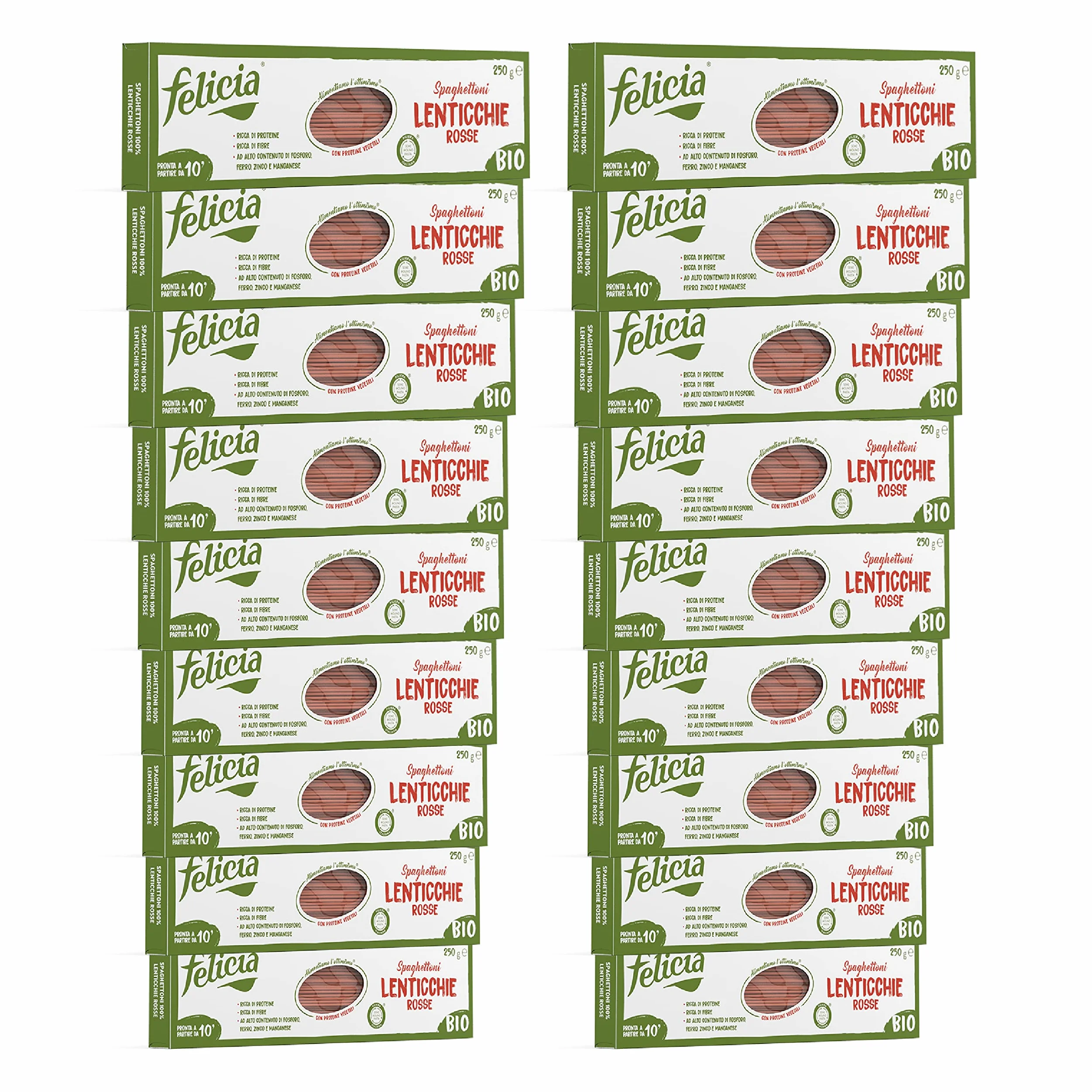 Felicia, Spaghettoni di Lenticchie Rosse, Pasta di Legumi Naturale e Biologica, Ricca Fonte di Fibre, di Proteine Vegetali e di Sali Minerali, Senza Glutine, Box da 18 Confezioni
