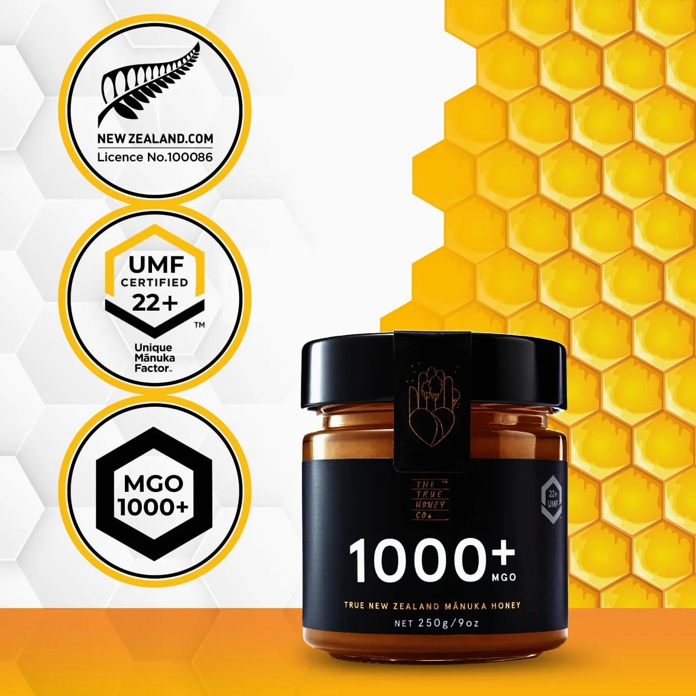 The True Honey Co. Miele di Manuka MGO 1000+ (UMF 22+) 250g | Certificato MGO e UMF | Esclusivo e di alta qualità | Prodotto e confezionato in Nuova Zelanda | In vetro con Signature Box | Di NZfyMe
