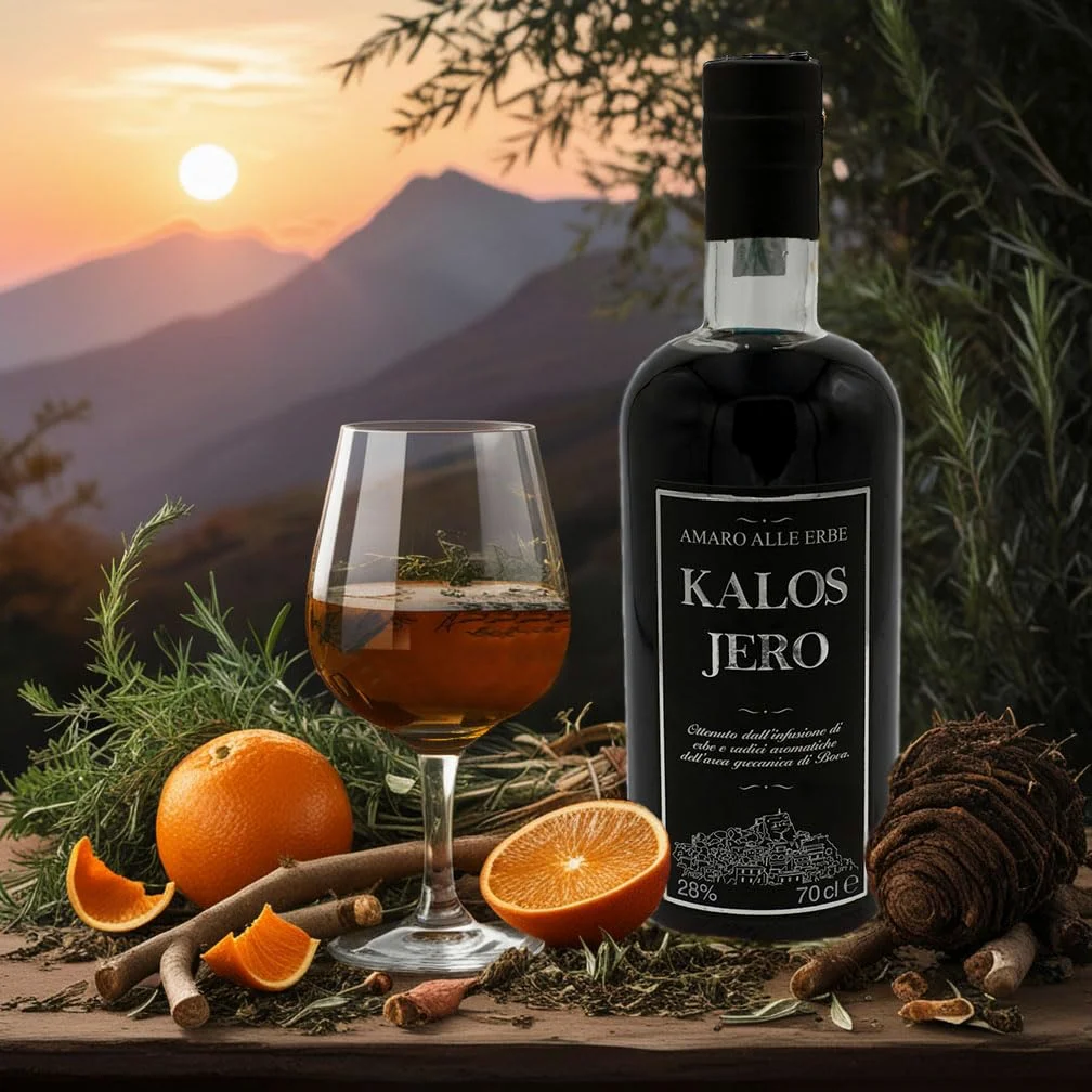 Amaro Kalos Jero - Digestivo, Infusione di Erbe e Radici Aromatiche, Liquore Grecanico Calabrese Speziato e Rinfrescante, Idea Regalo - Vol. 28% (70 cl)
