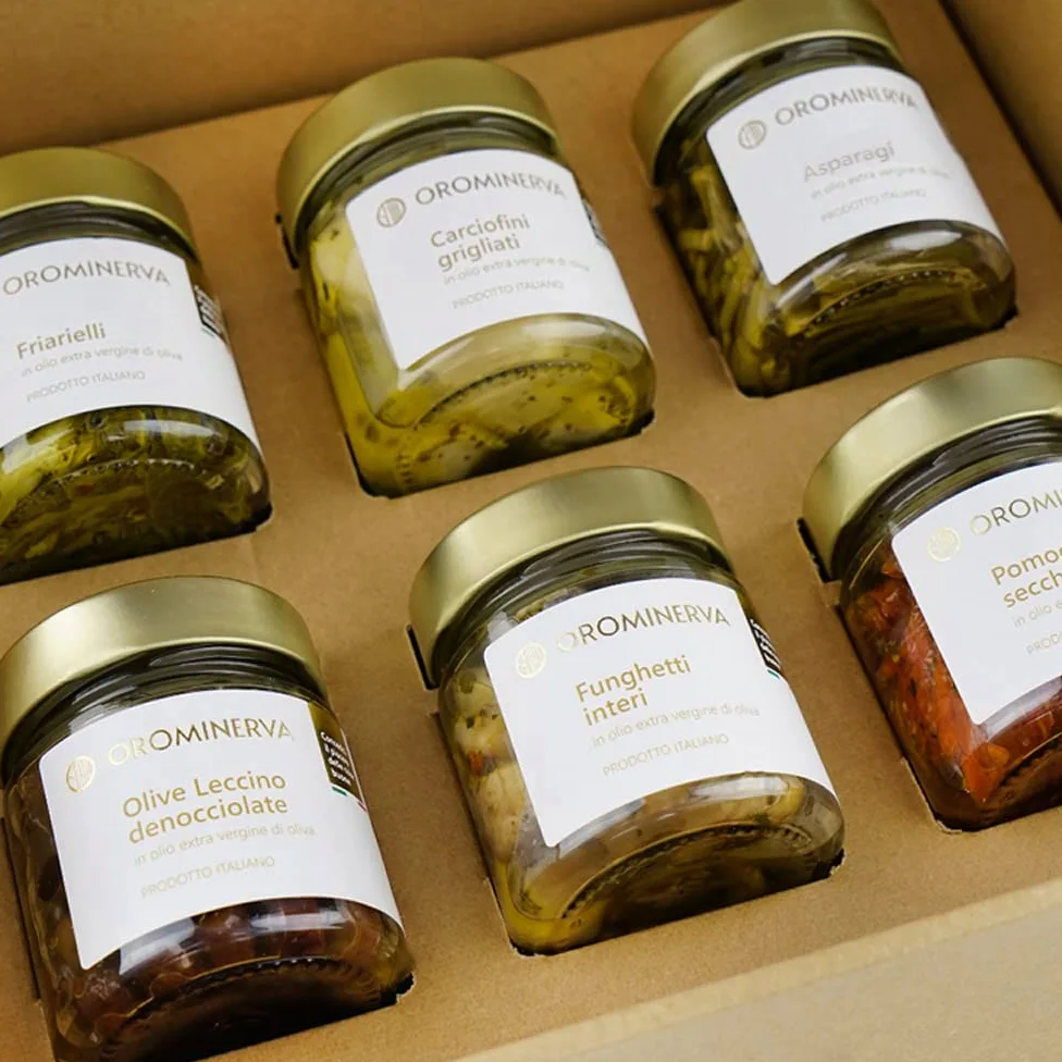 OROMINERVA - Box Bontà - Confezione regalo alimentare con prodotti tipici, specialità italiane: carciofini, friarielli, funghetti, asparagi, olive, pomodori secchi