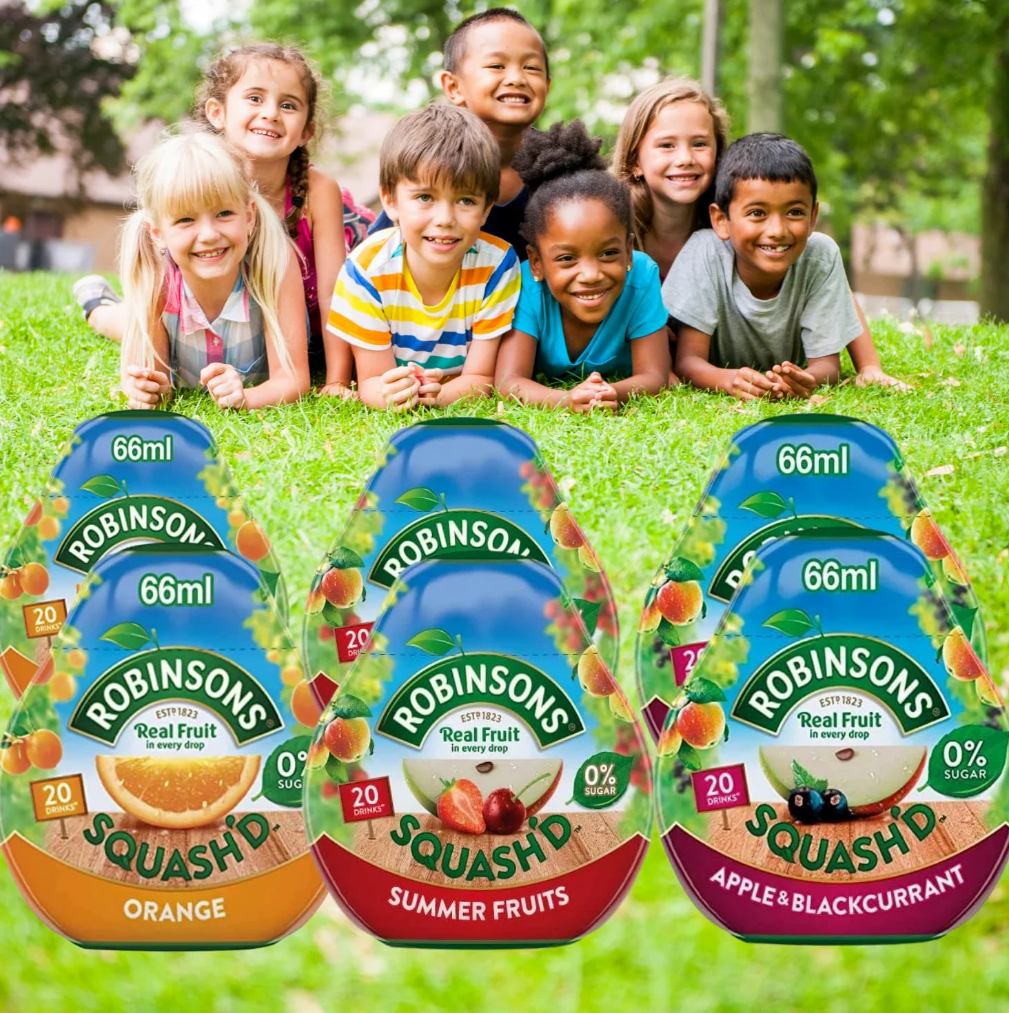 Robinsons Squash'd - 3 confezioni da 6 aromi (6 bottiglie da 66 ml), 2 frutti estivi in bundle con 2 arance e 2 mele e ribes nero, senza zucchero aggiunto frutta reale in ogni goccia