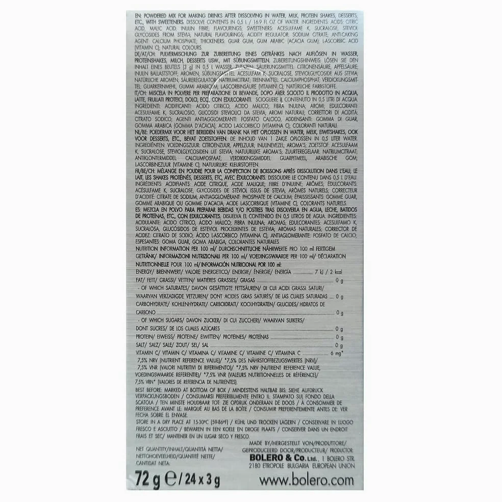 SET 72 BOLERO DA 3 GRAMMI RED ORANGE Preparato istantaneo per Bevande con Stevia e Vitamina C e Senza Zucchero