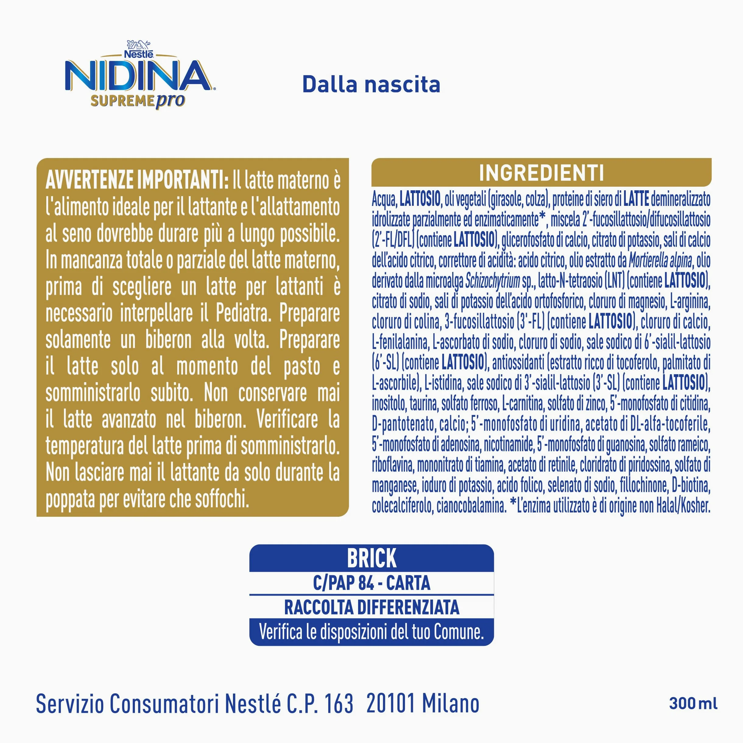 NIDINA SUPREMEpro 1 Latte per Lattanti Liquido dalla nascita, 12 Brick da 300ml (3,6L)