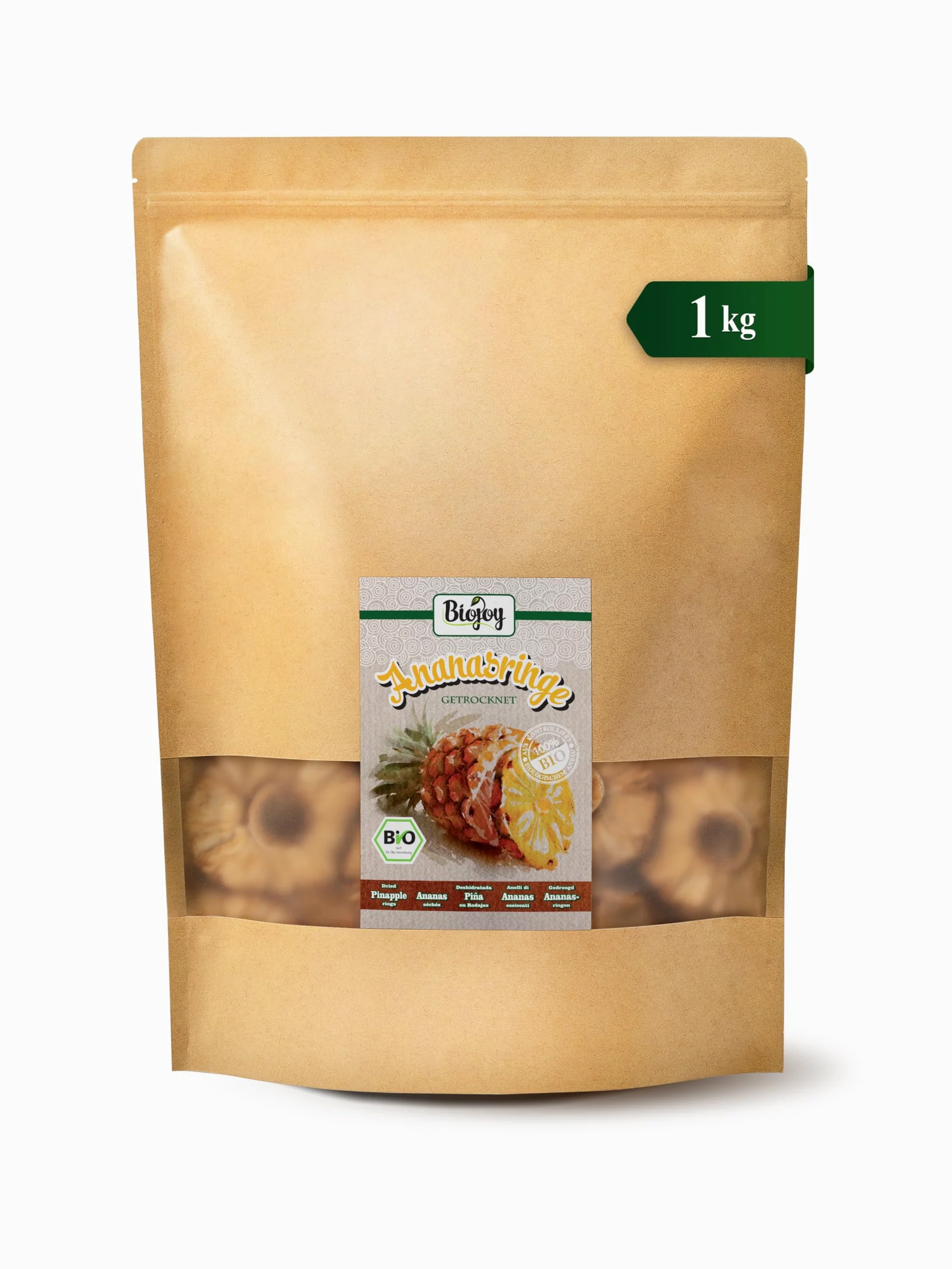 Biojoy Fette di Ananas disidratato BIO (1 kg), senza zucchero aggiuntо e senza zolfo