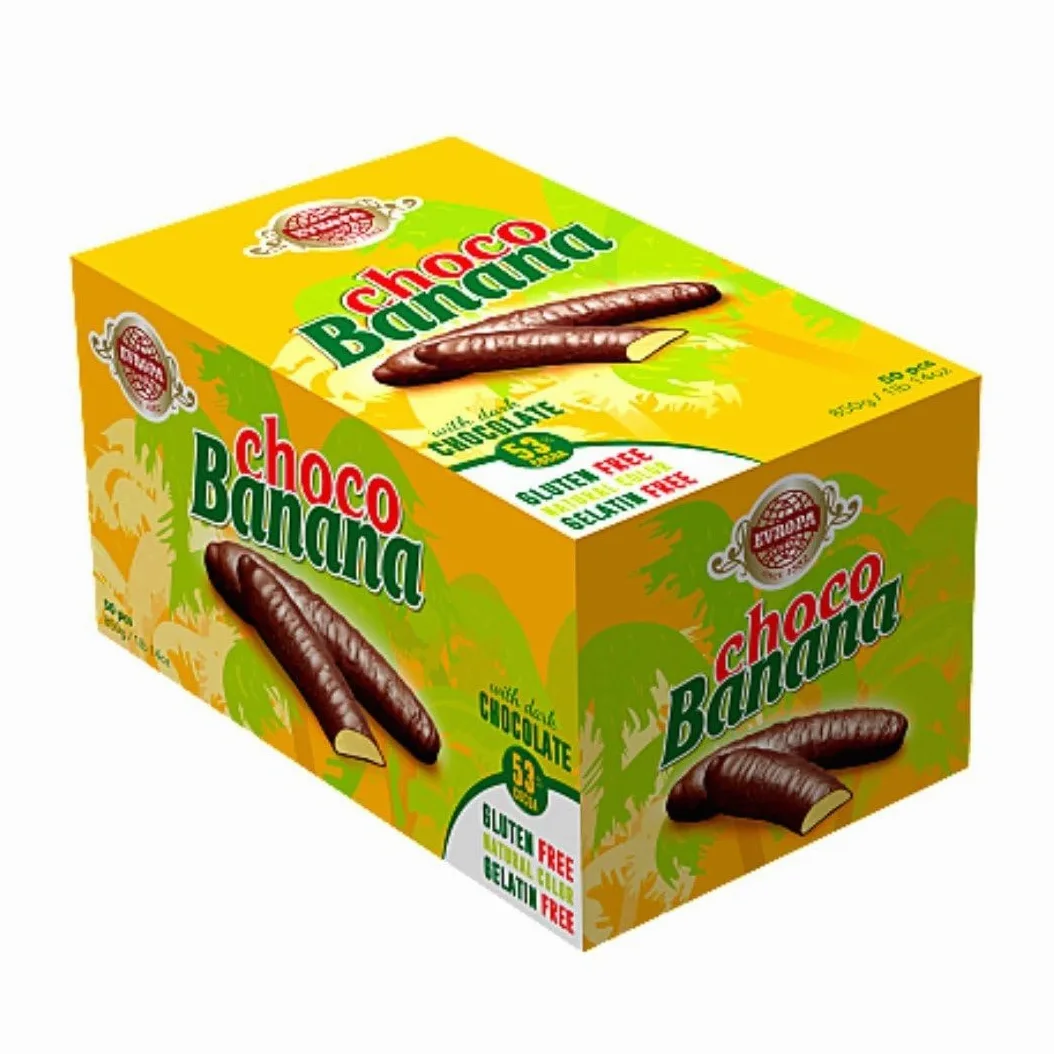 Evropa Choco Banana, Barrette al Cioccolato Fondente Senza Glutine e Gelatina, Confezione da 50 Pezzi, 850g, Gusto Banana