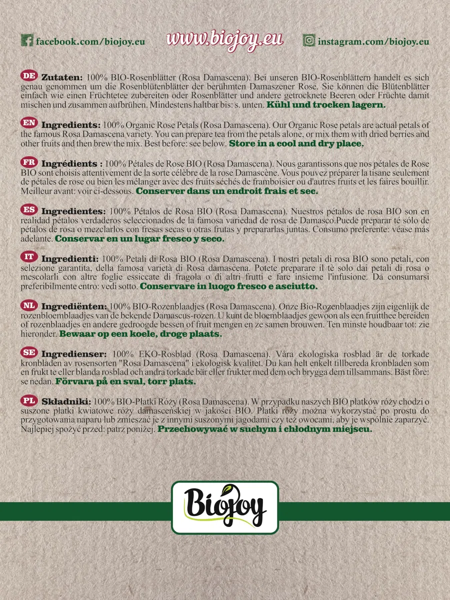 Biojoy Petali di Rosa Essiccati BIO (200 g), commestibili e naturali, adatti per infusi (Rosa Damascena)
