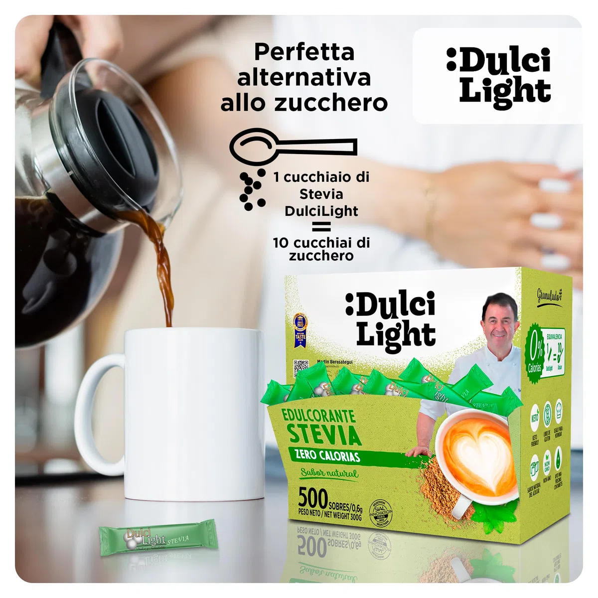 Dulcilight Dolcificante Stevia Zero 500 Bustine Sapore Naturale 100% | 1gr = 10gr di zucchero | Senza Glutine Keto Vegan Non OGM Zero Calorie | Senza Xilitolo o Eritritolo