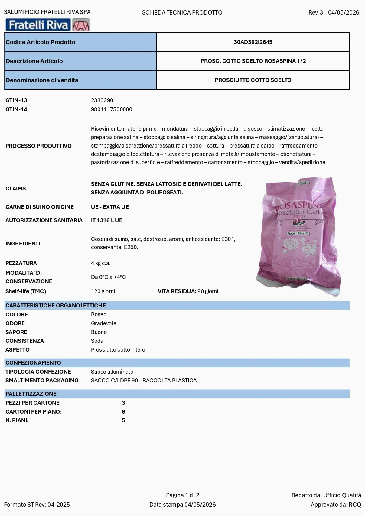 Prosciutto Cotto Rosaspina 3,8 kg – Alta Qualità, Delicato e Morbido – Ideale per Gastronomia, Panini e Ristorazione