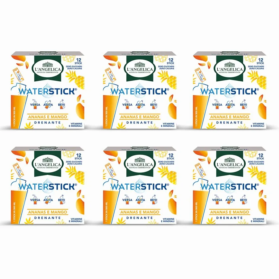 L'Angelica, Waterstick, Gusto Ananas e Mango, Drenante, Con Vitamine e Minerali, Contro Stanchezza e Affaticamento, Zero Zuccheri & Zero Calorie, Senza Conservanti, 6 Astucci da 12 Stick