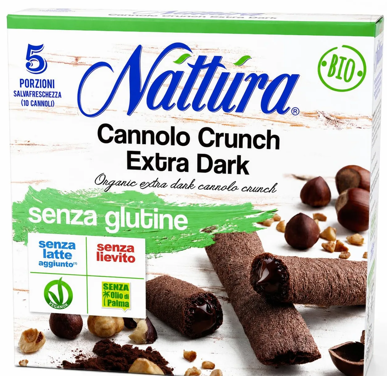 Cannoli Crunch Extra Dark Senza Glutine Bio, 9 Confezioni da 10 Cannoli, 5 Porzioni Salvafreschezza, Snack al Cioccolato, Senza Latte Aggiunto, Lievito e Olio di Palma