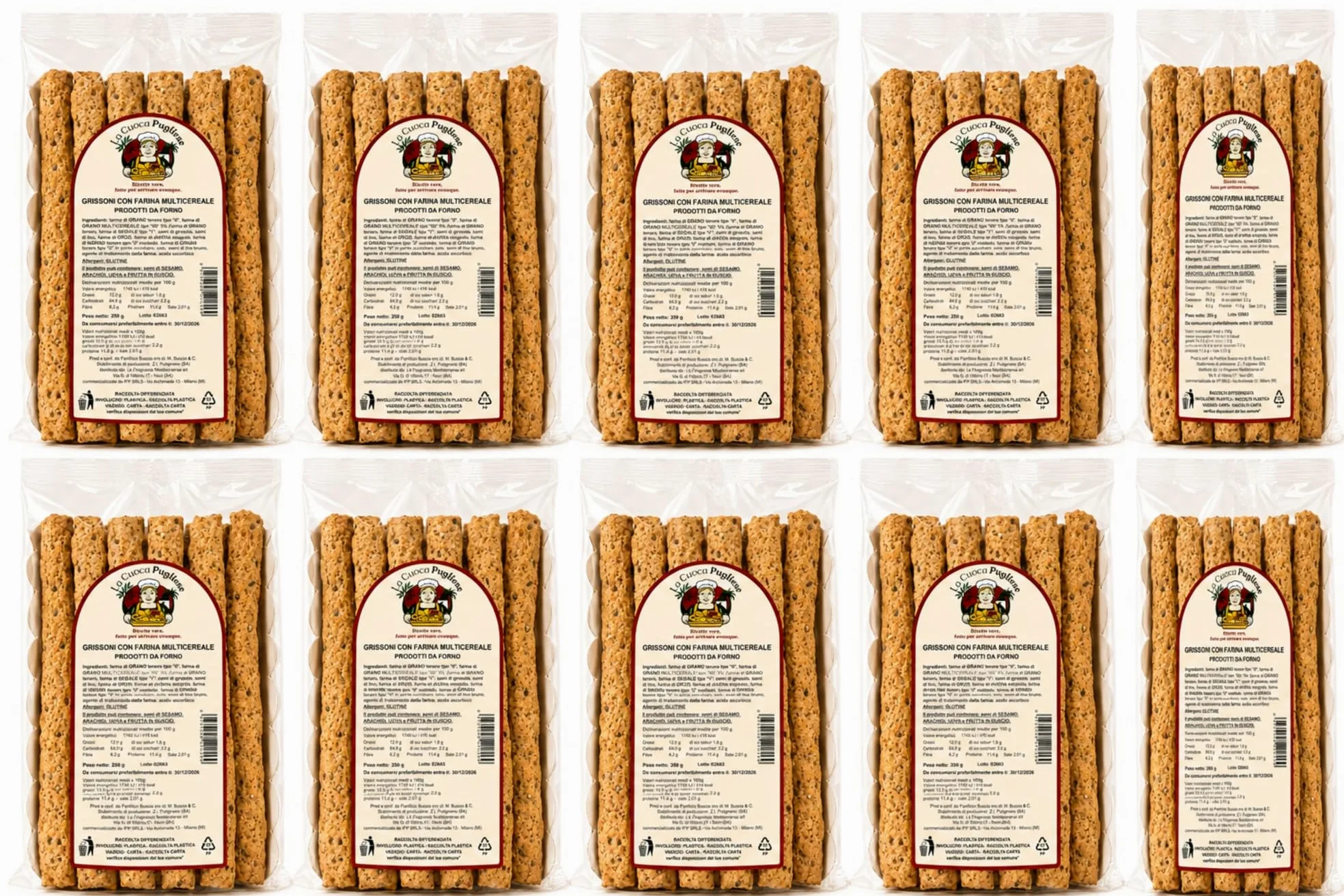 La Cuoca Pugliese - Grissoni Multicereali Artigianali, grissini croccanti con farina multicereale e semi, snack salato da forno, 10 confezioni da 250 g